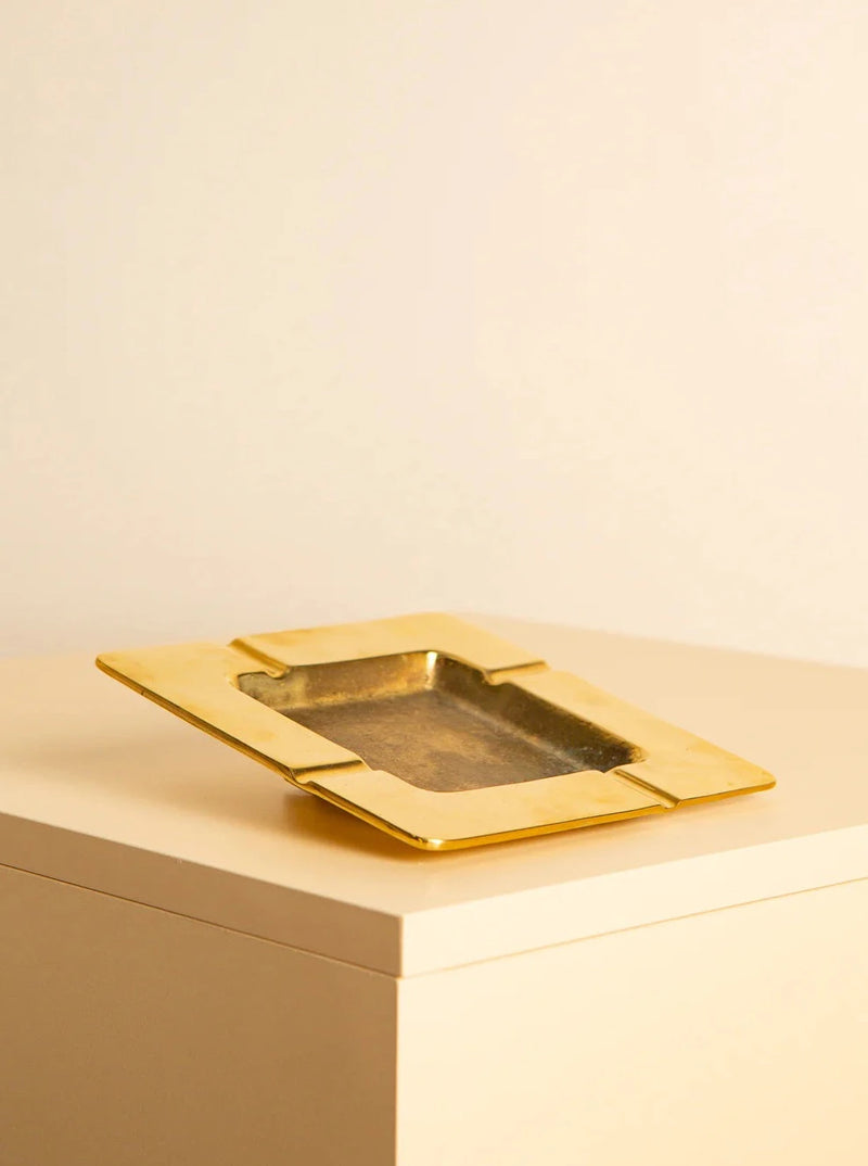 Vintage 1960s Italian brass square ashtray with intricate design and patina