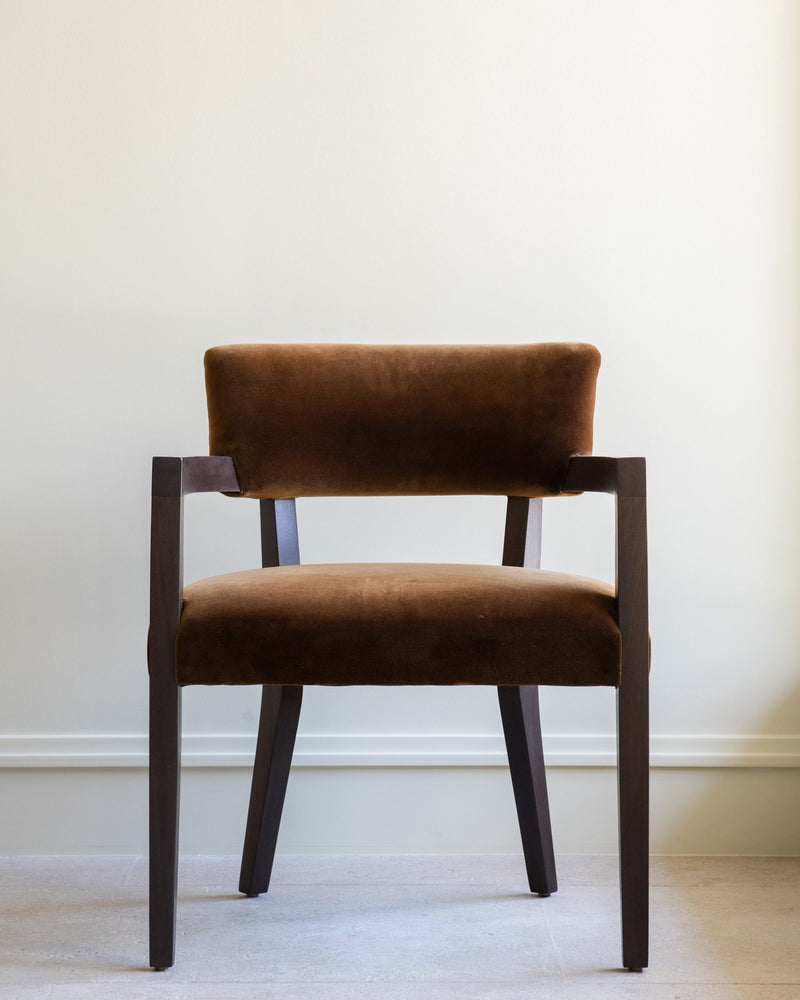 Hillcrest dining chair with brown velvet upholstery and dark wood frame