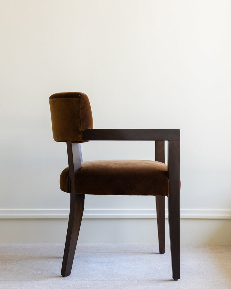 Brown velvet Hillcrest dining chair with dark wood frame profile view