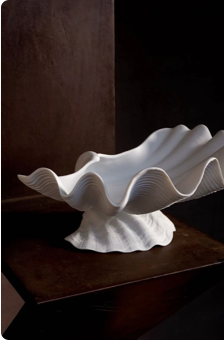 Elegant white ceramic bowl in the shape of a seashell, displayed on a wooden surface.