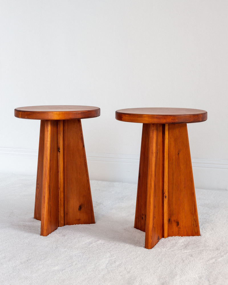 Pair of vintage Swedish pine stools with tapered pedestal bases