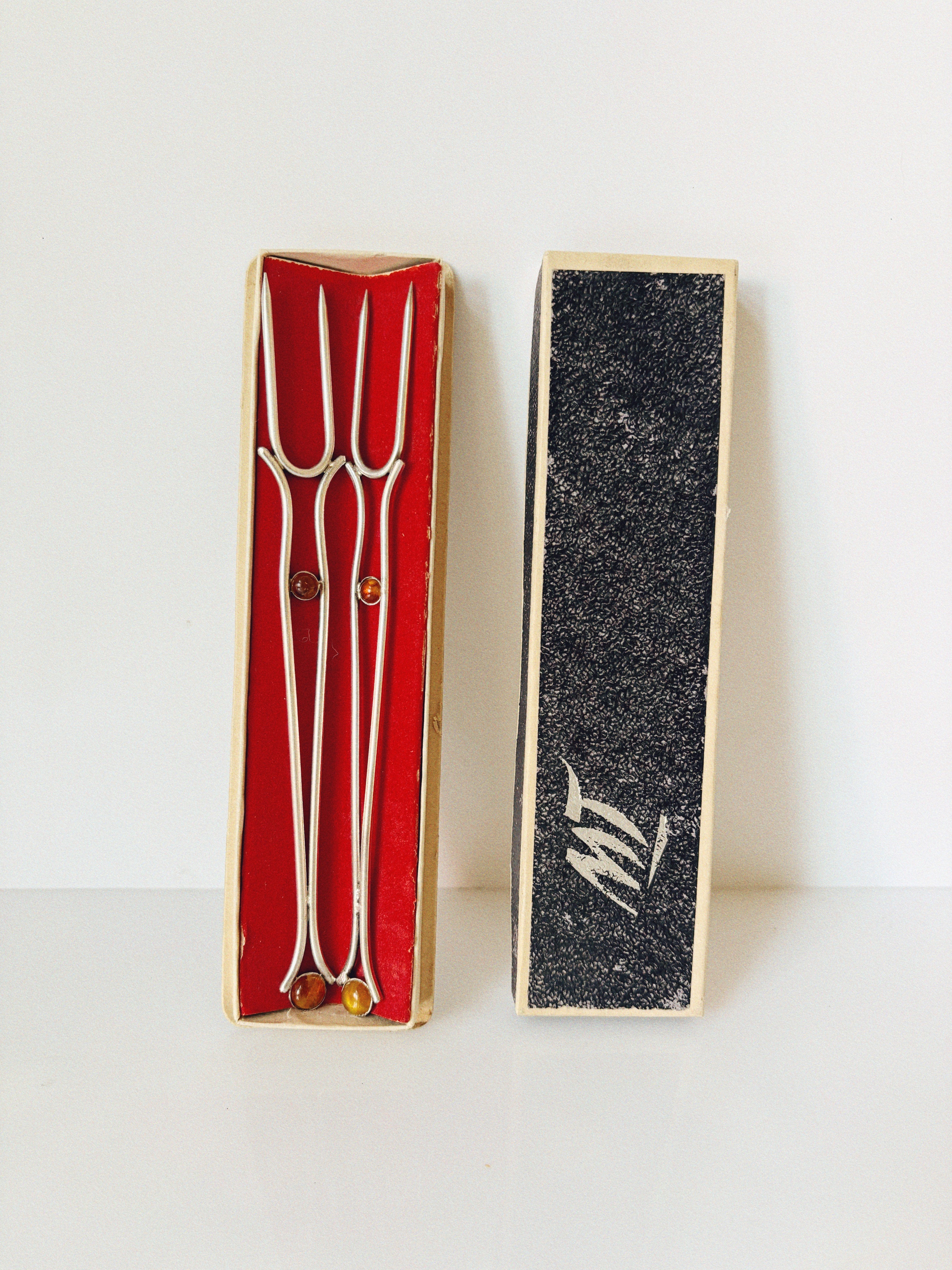 Silver Plated Serving Forks With Amber Inlay, Poland — top view in original packaging
