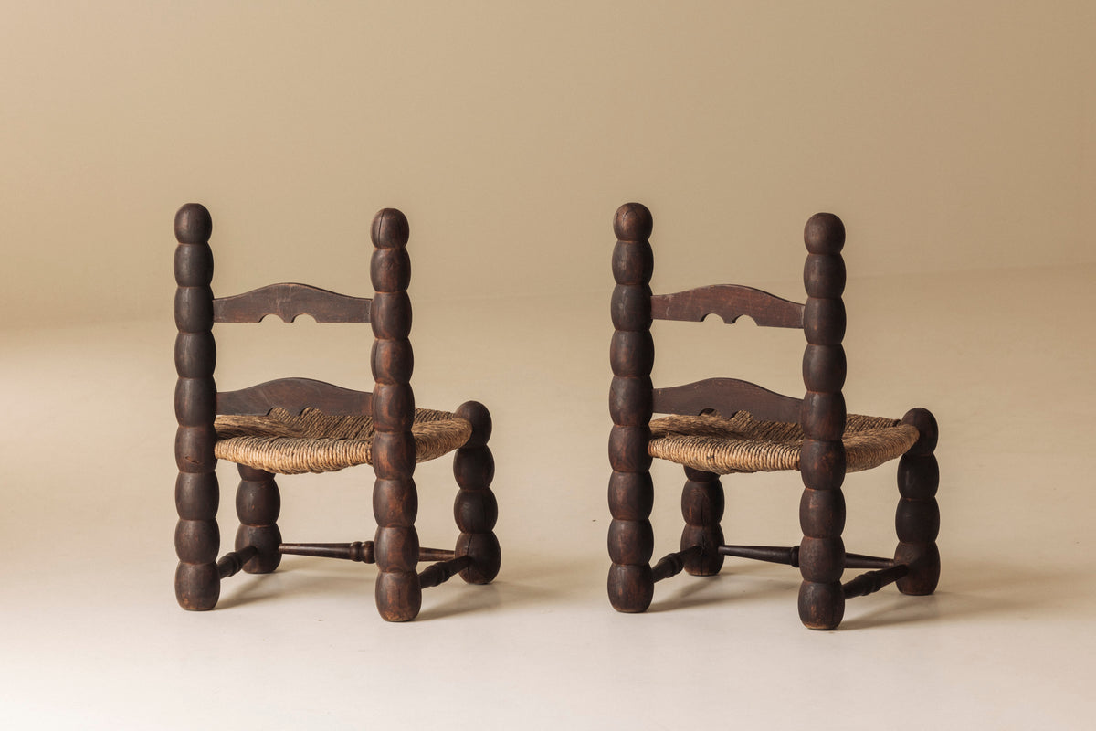 Pair of Spanish Bobbin-Turned Side Chairs with Rush Seats, Early 20th Century — alternate view