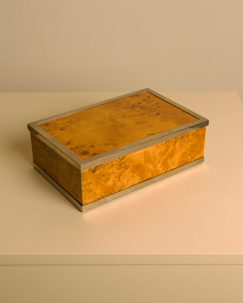 Italian Box in Poplar Burl Wood and Metal, 70s by Treaptyque | The Oblist — handcrafted vintage design