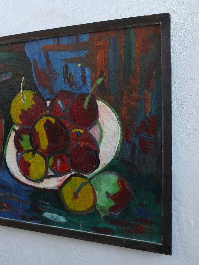 Uldis Rēdelis Still Life Painting "With Red Vessel" | Latvia | 2005 — close-up of colorful fruit on white plate