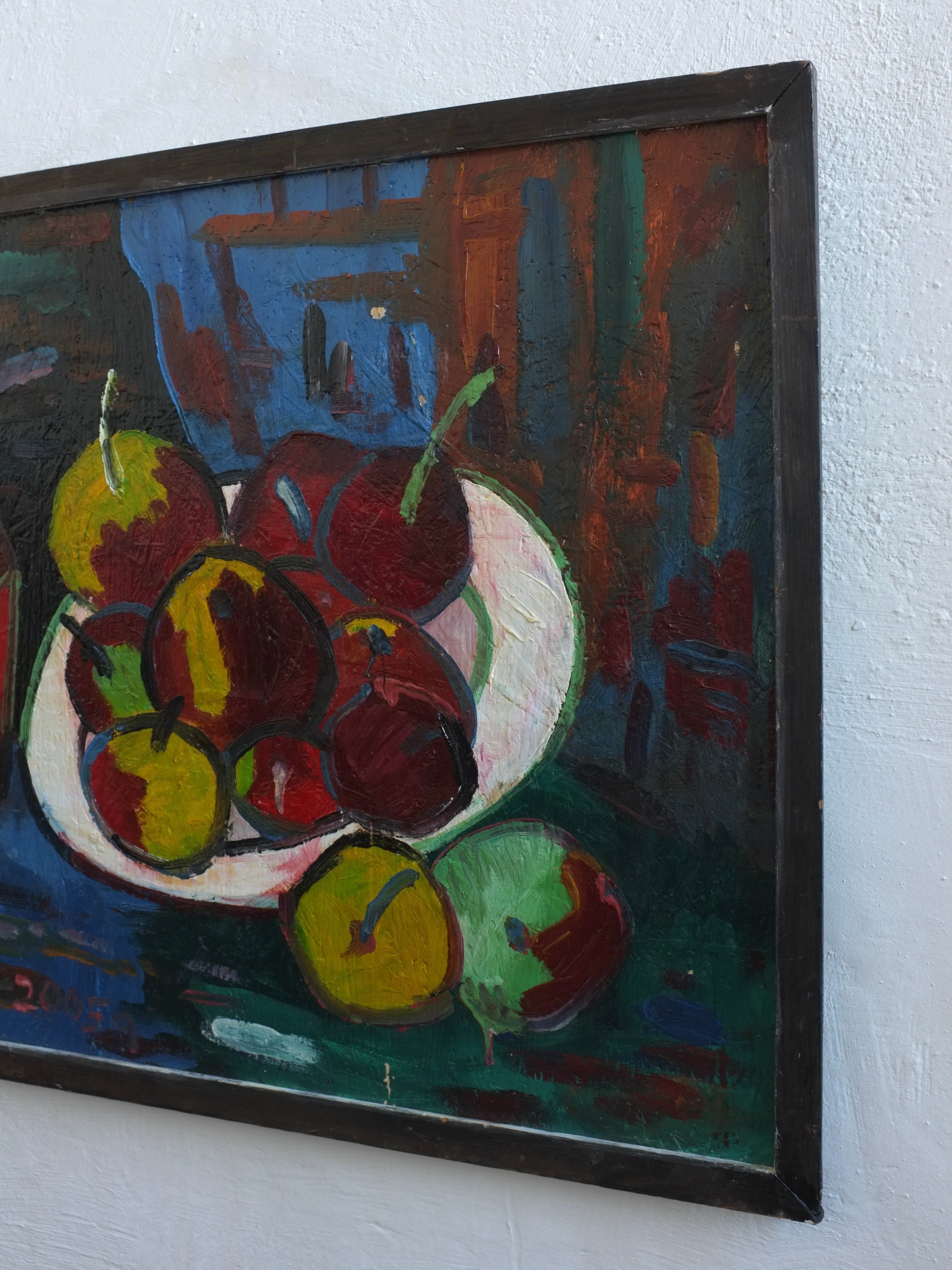 Uldis Rēdelis Still Life Painting "With Red Vessel" | Latvia | 2005 — close-up of colorful fruit on white plate