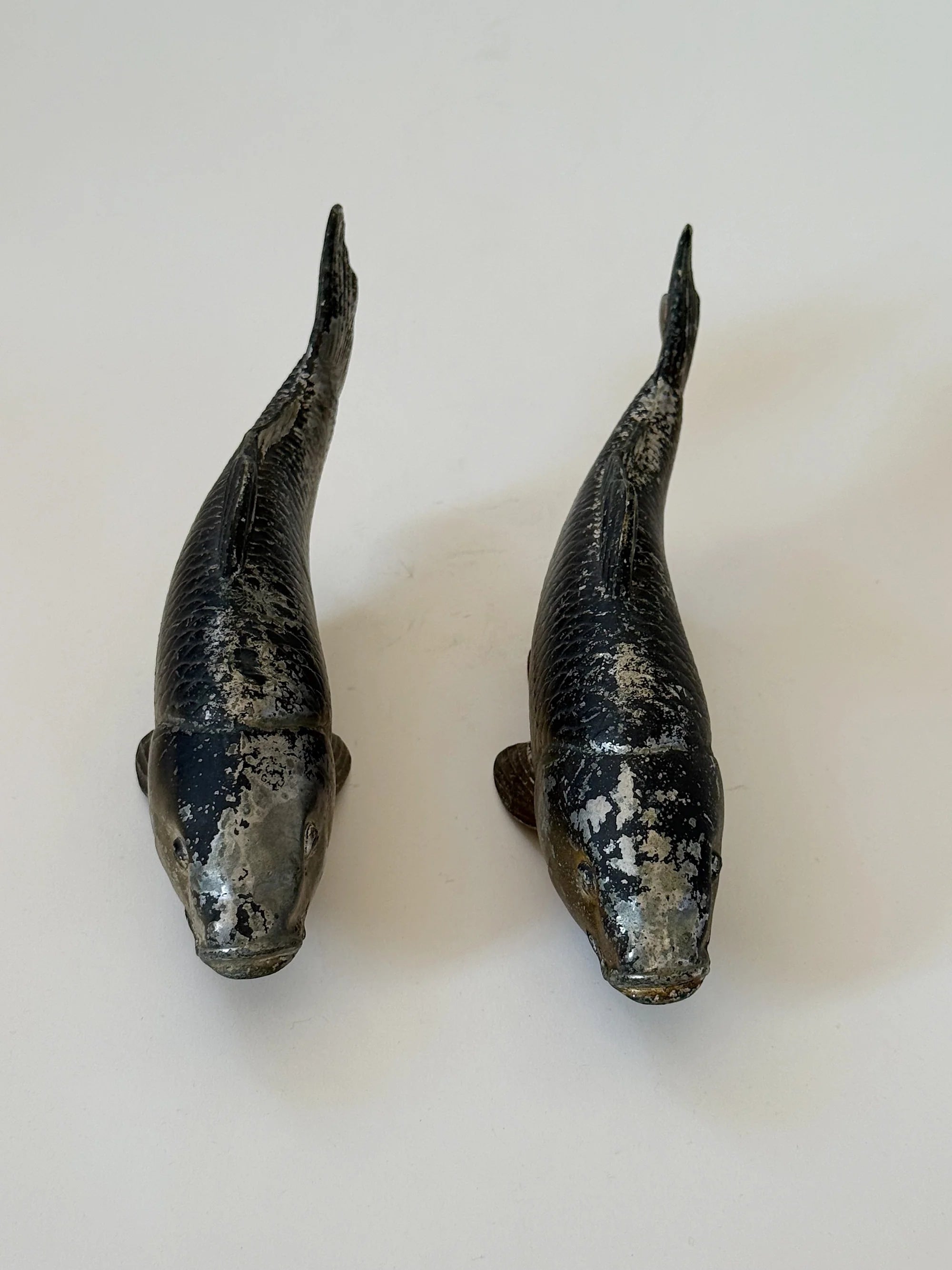 Cast Metal Koi Fish, Japan — top view showing patina finish