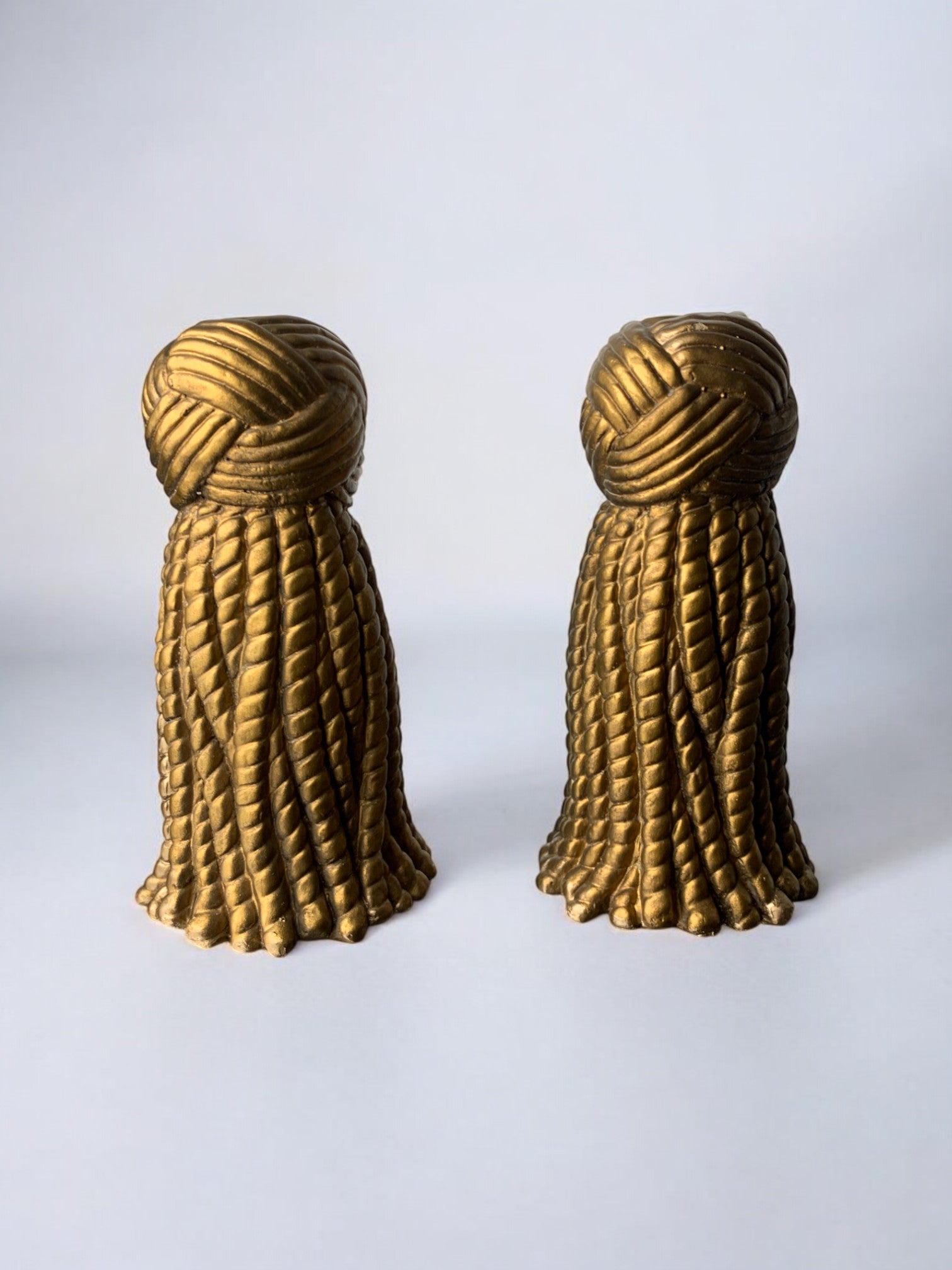Pair of Golden Knot Candleholders in Plaster, Spain, 1980s — front view on light background