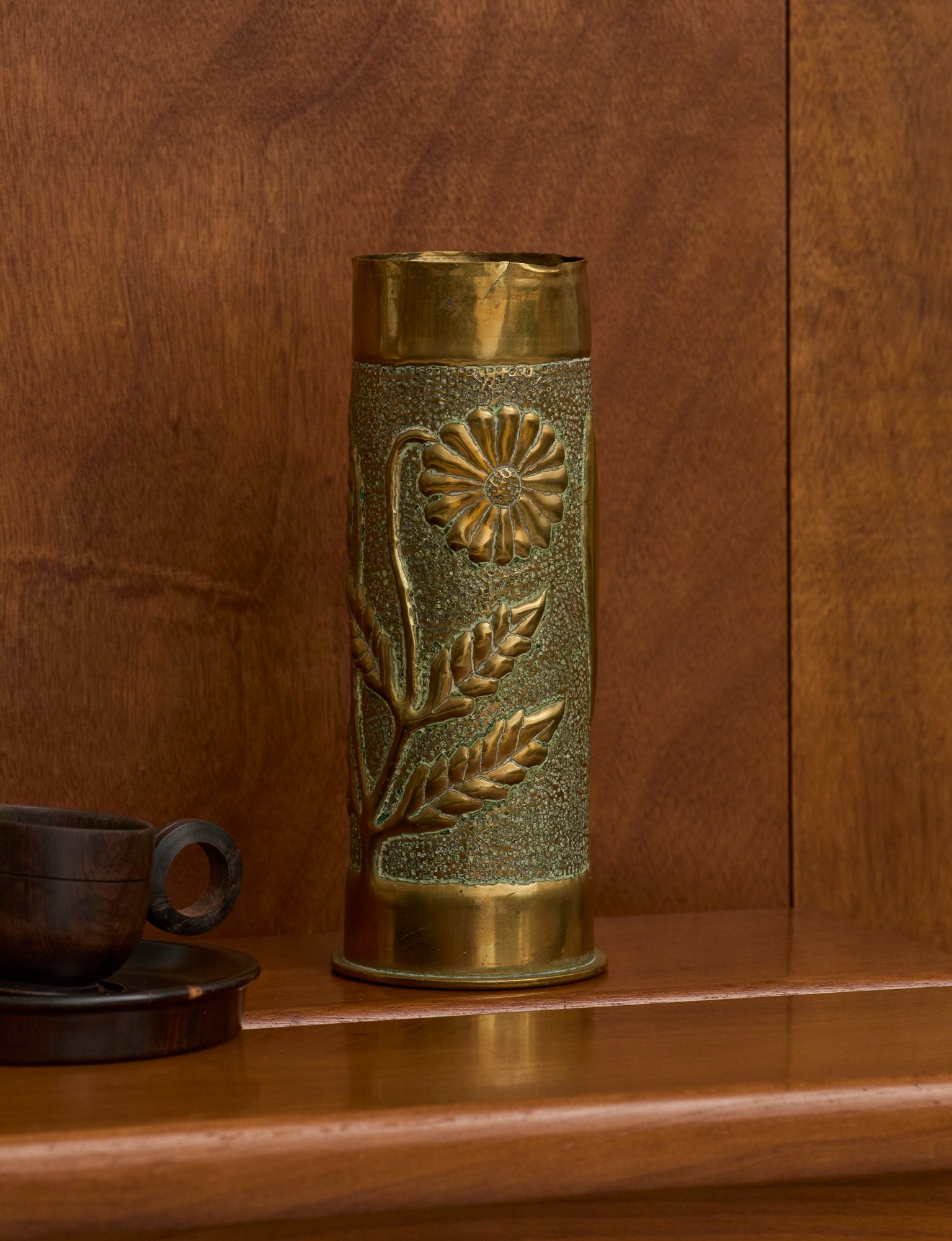 Vintage Vase in Metal Brass (hand-repoussé Daisy and Lily of the valley motifs) by DIG IN JAPAN | The Oblist