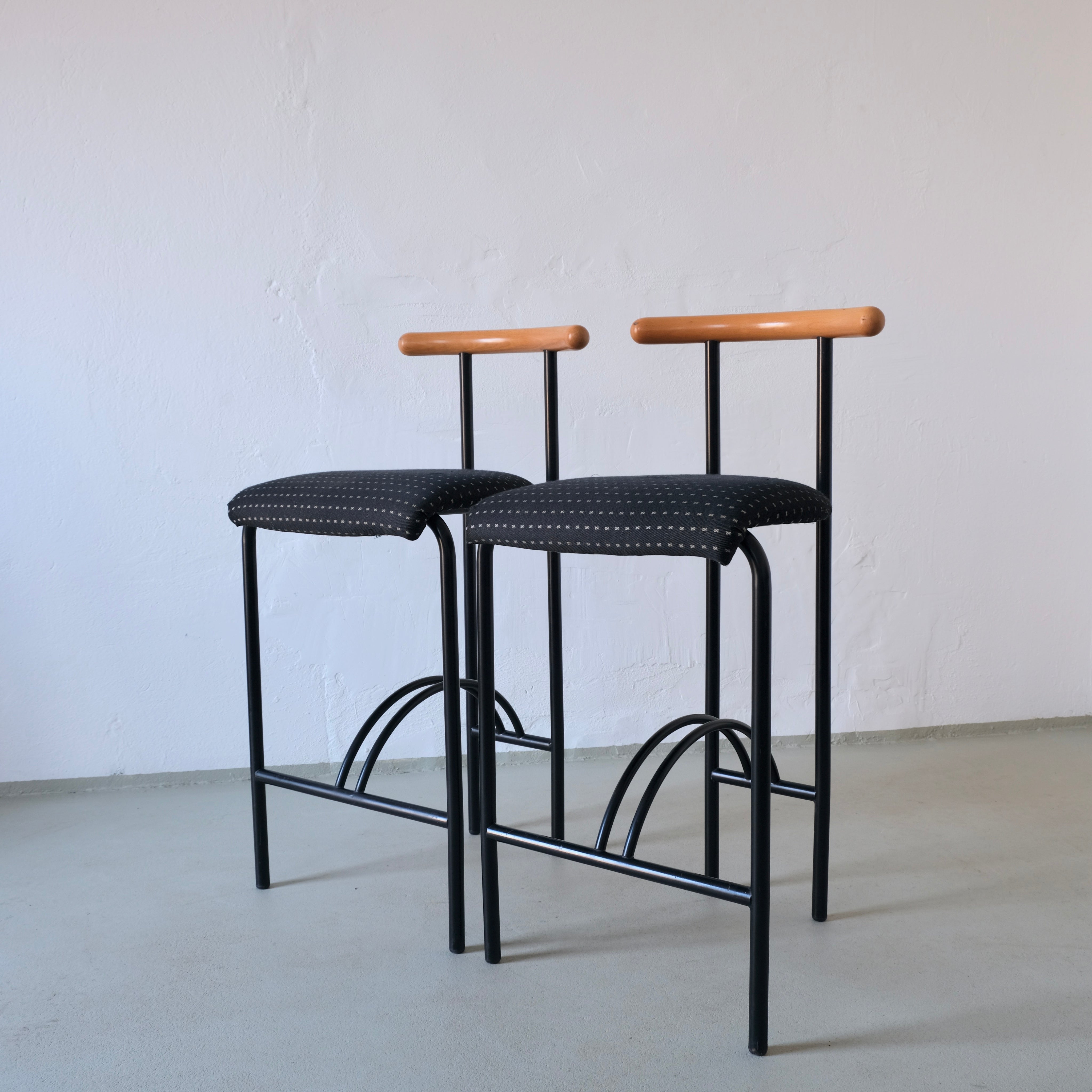2 Postmodern Tubular Steel Bar Stools | Rodney Kinsman Style | 1980s — detail view
