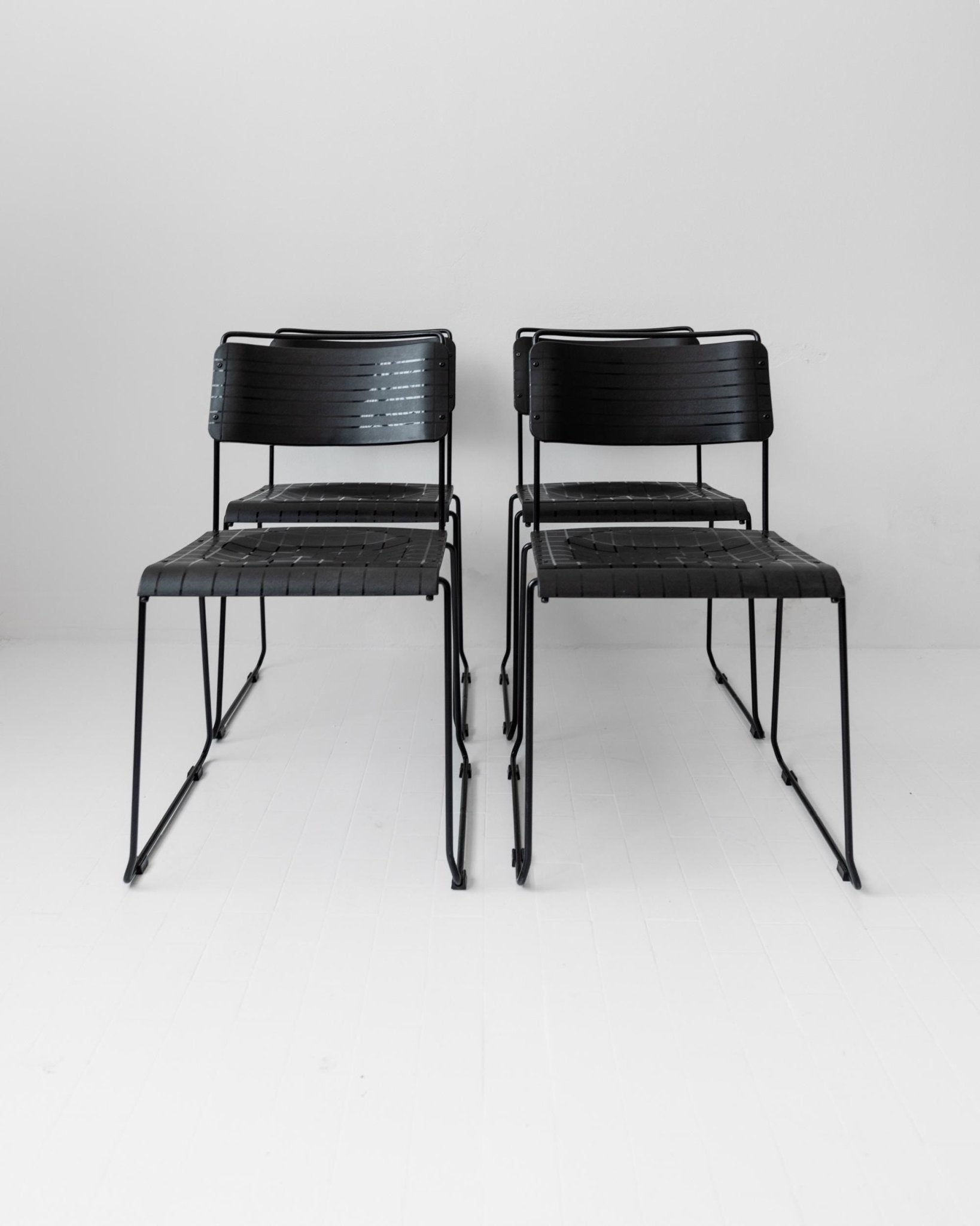 Vintage 1980s Dining Chairs, Set of 4, Postmodern Design, Black Metal and Plastic, Check Texture, Minimal Italian Design, Retro Interior — lifestyle setting