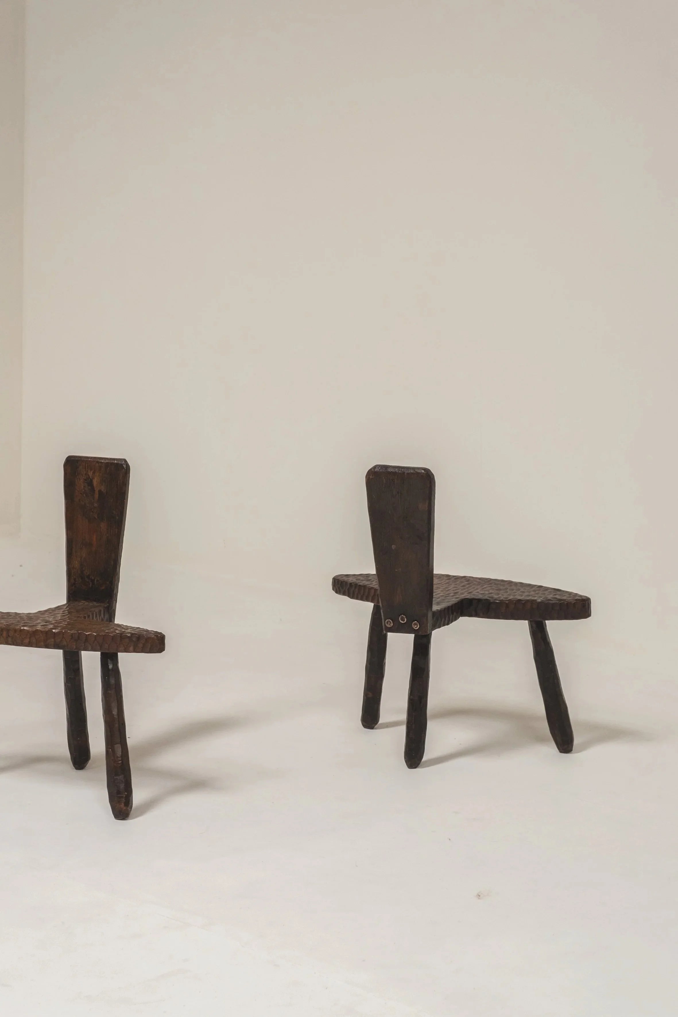 Pair of Hand-Carved Brutalist Wooden Chairs, France, 1950s — detail view
