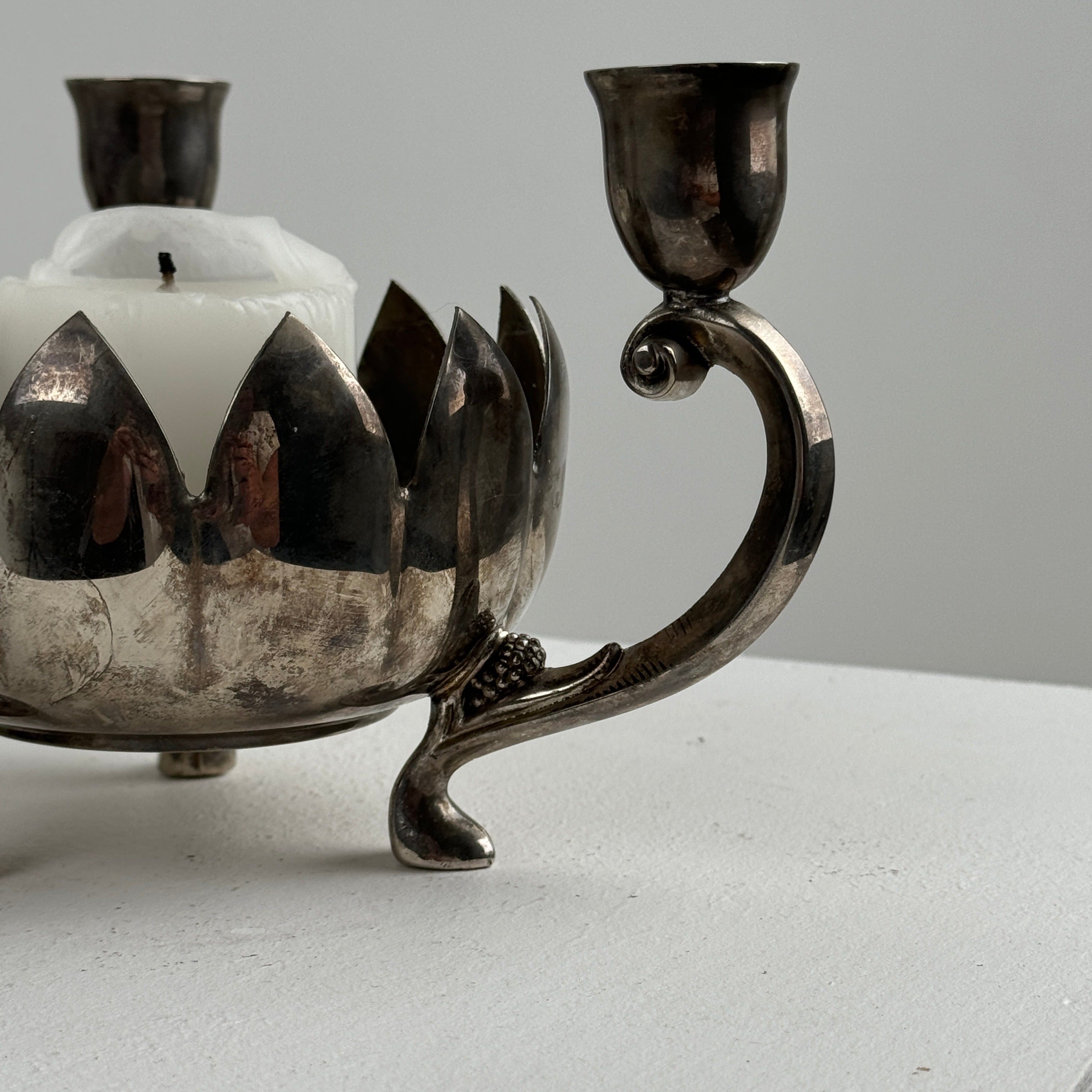 Three-Light Silver-Plated Table Candelabrum with Lotus Motif — side angle