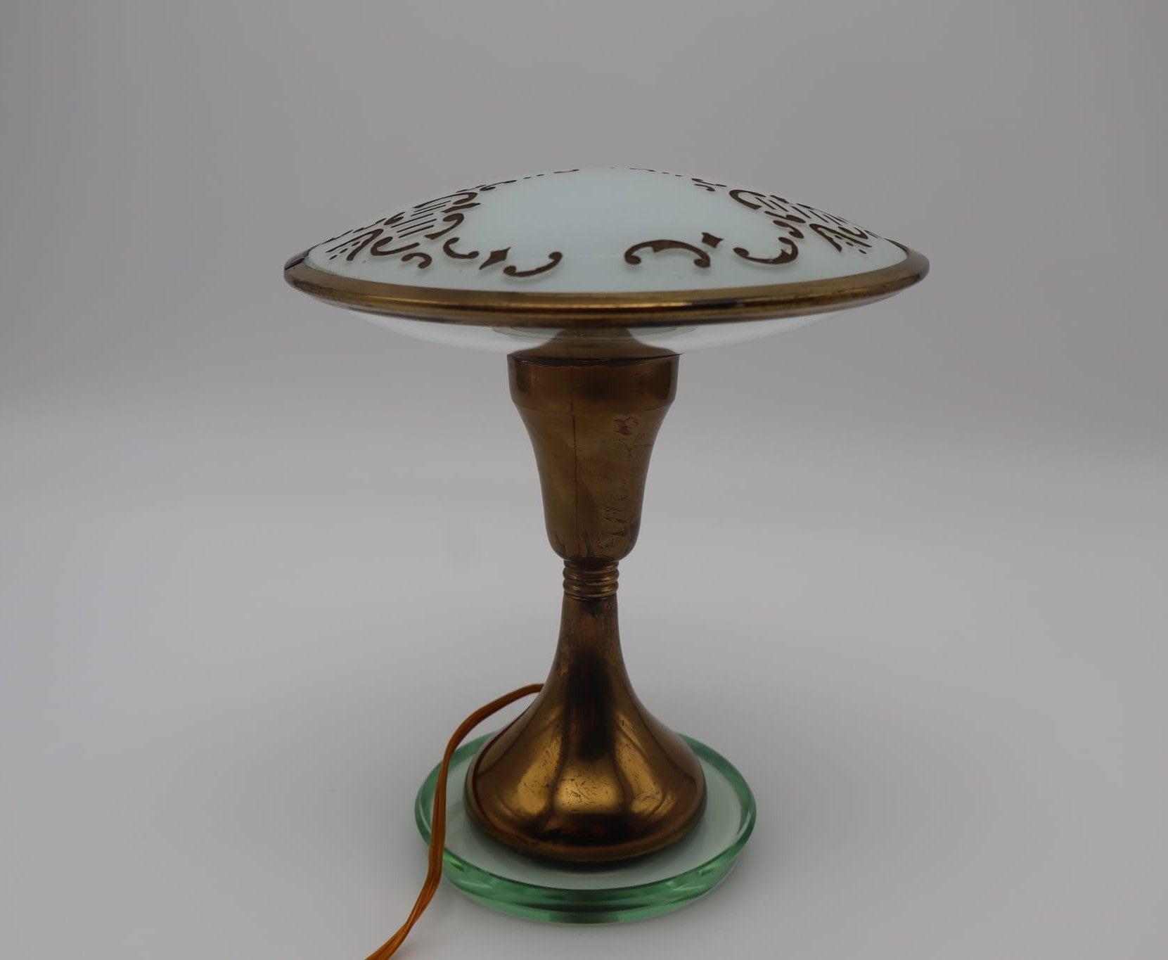 Italian Small Table Lamp, Brass, Glass, Italy, 1940s — angled view highlighting brass base and glass shade