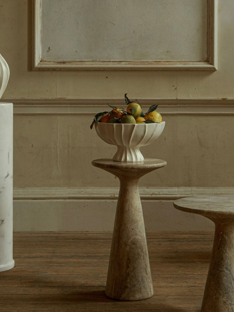 Juno Tall Travertine Side Table — detail view