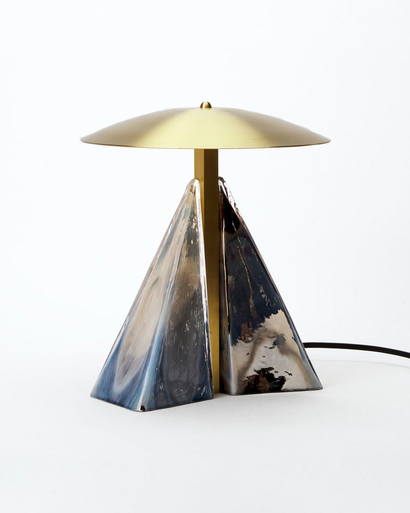 Fulcrum mirrored glass table lamp with brass shade and triangular base