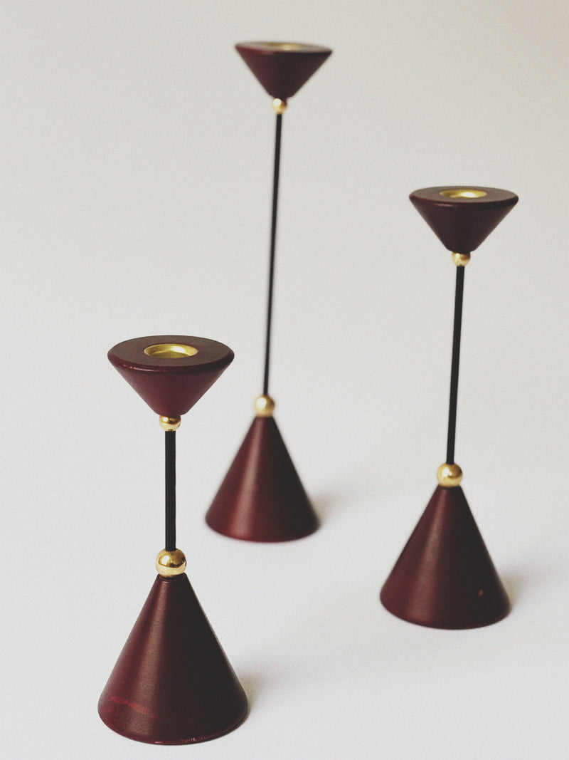 Set of Postmodern Candle Holders in Wood and Metal by Huerto | The Oblist — red wood and metal design