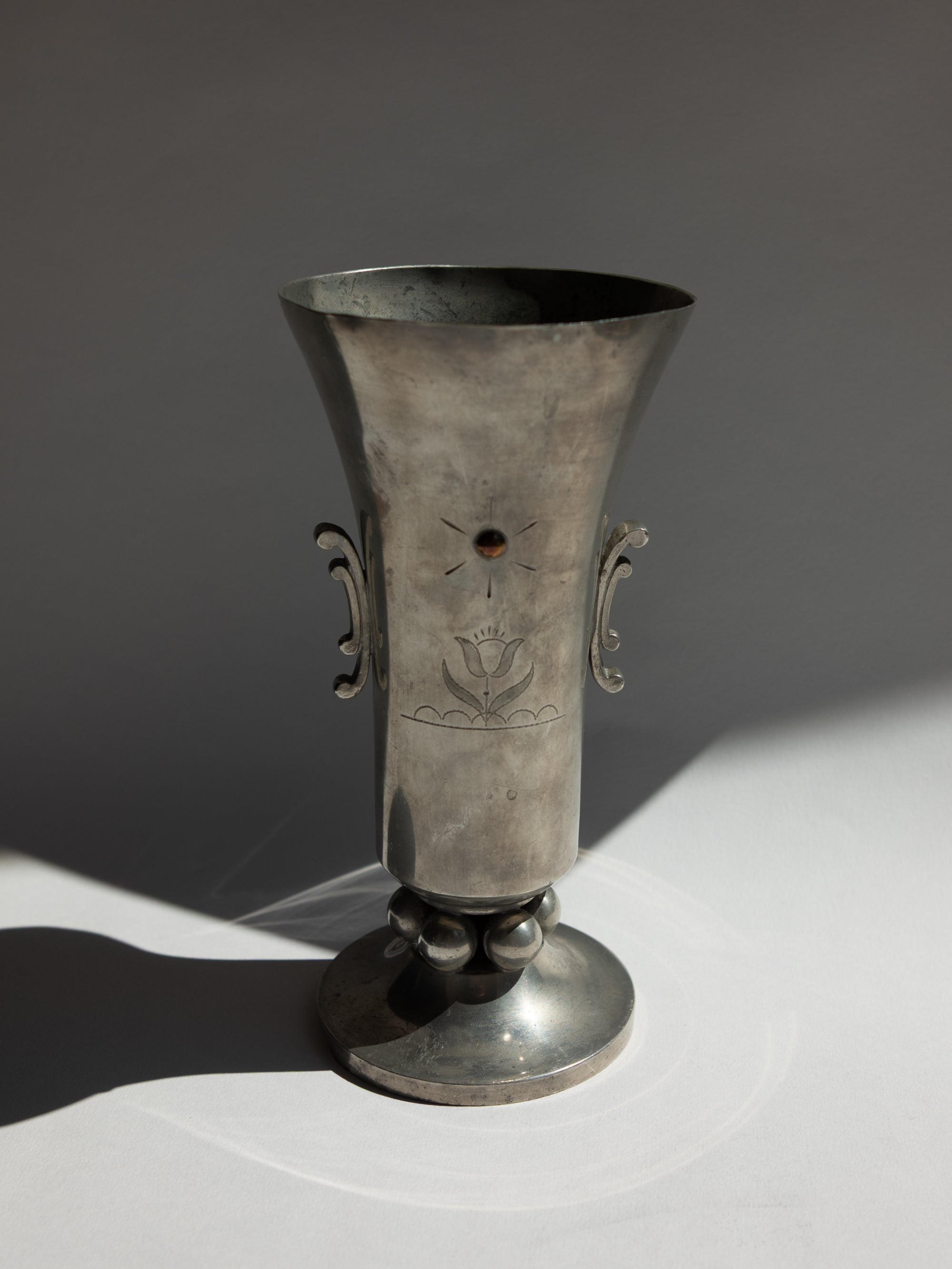 Swedish Grace Pewter Sunburst & Tulip Vase by J.L. Hultman for Svenskt Tenn — side angle