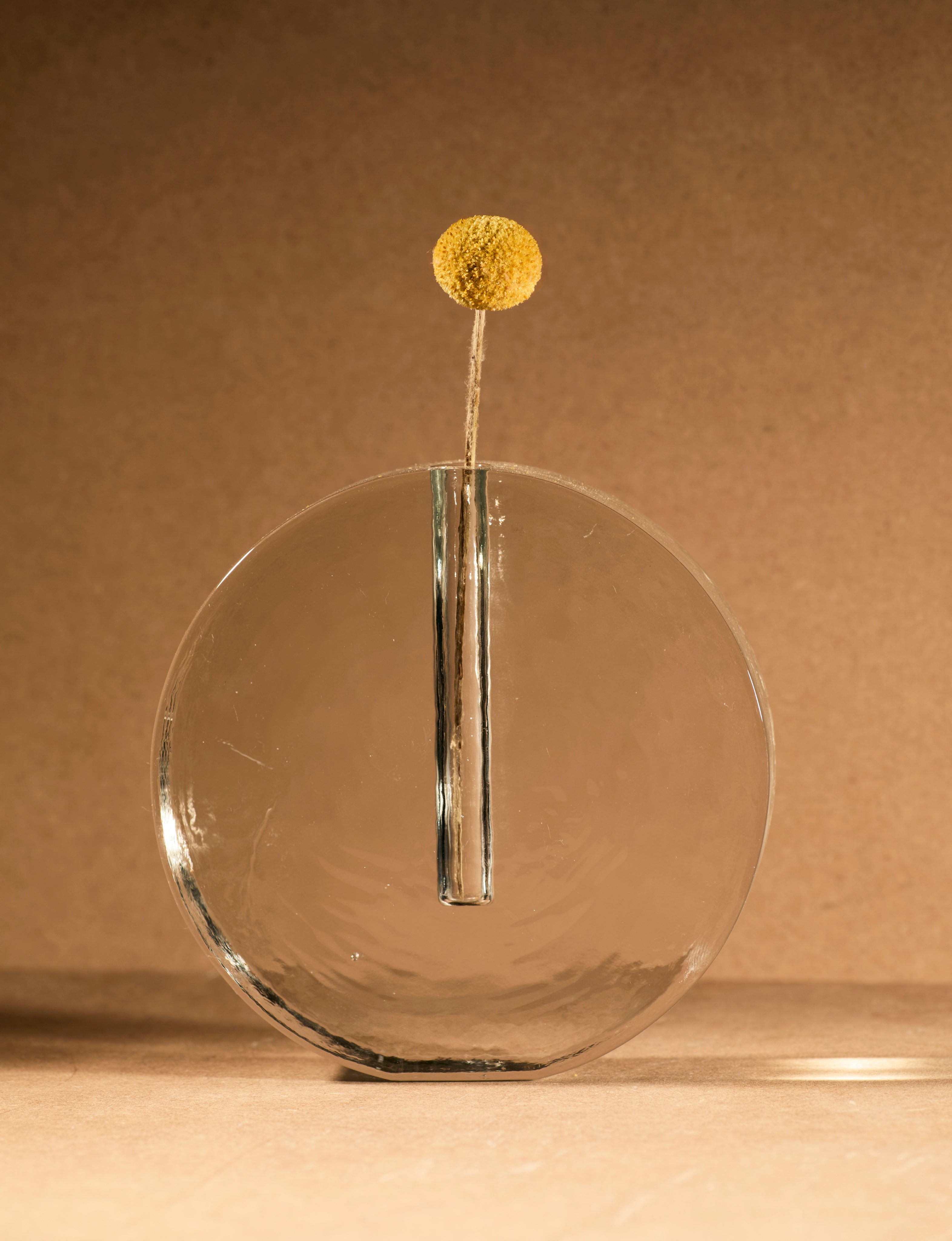 Vintage Scandinavian Clear Vase in Glass and Clear Glass (large) — side angle with round base and floral accent