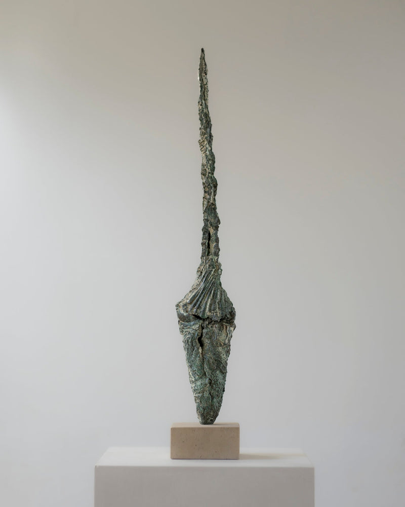 Bronze javelin sculpture by Clark Broadwood-Smith on display stand