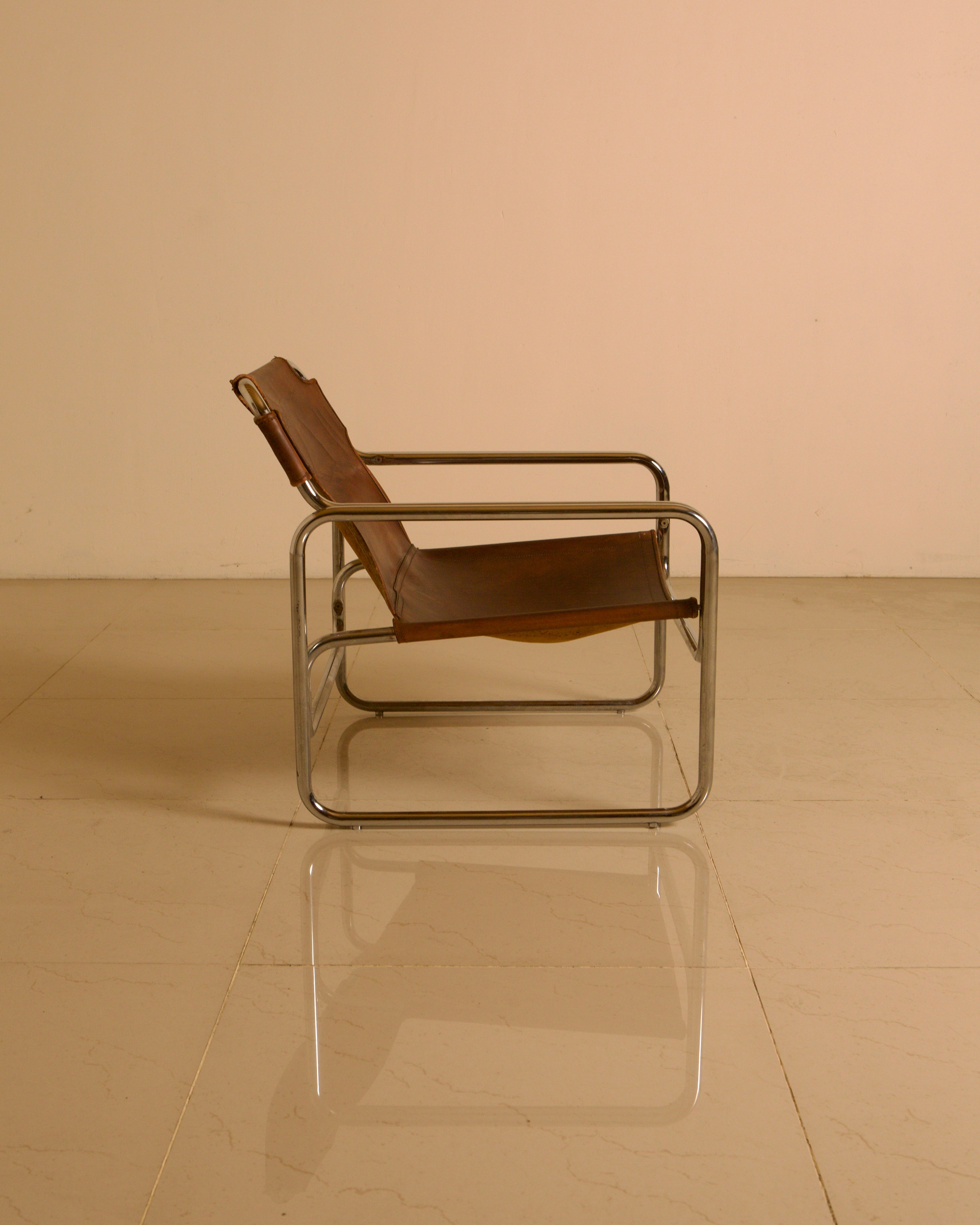 Chrome-plated steel and leather armchair by Antonello Mosca for Produzione Forma, 70s — side angle