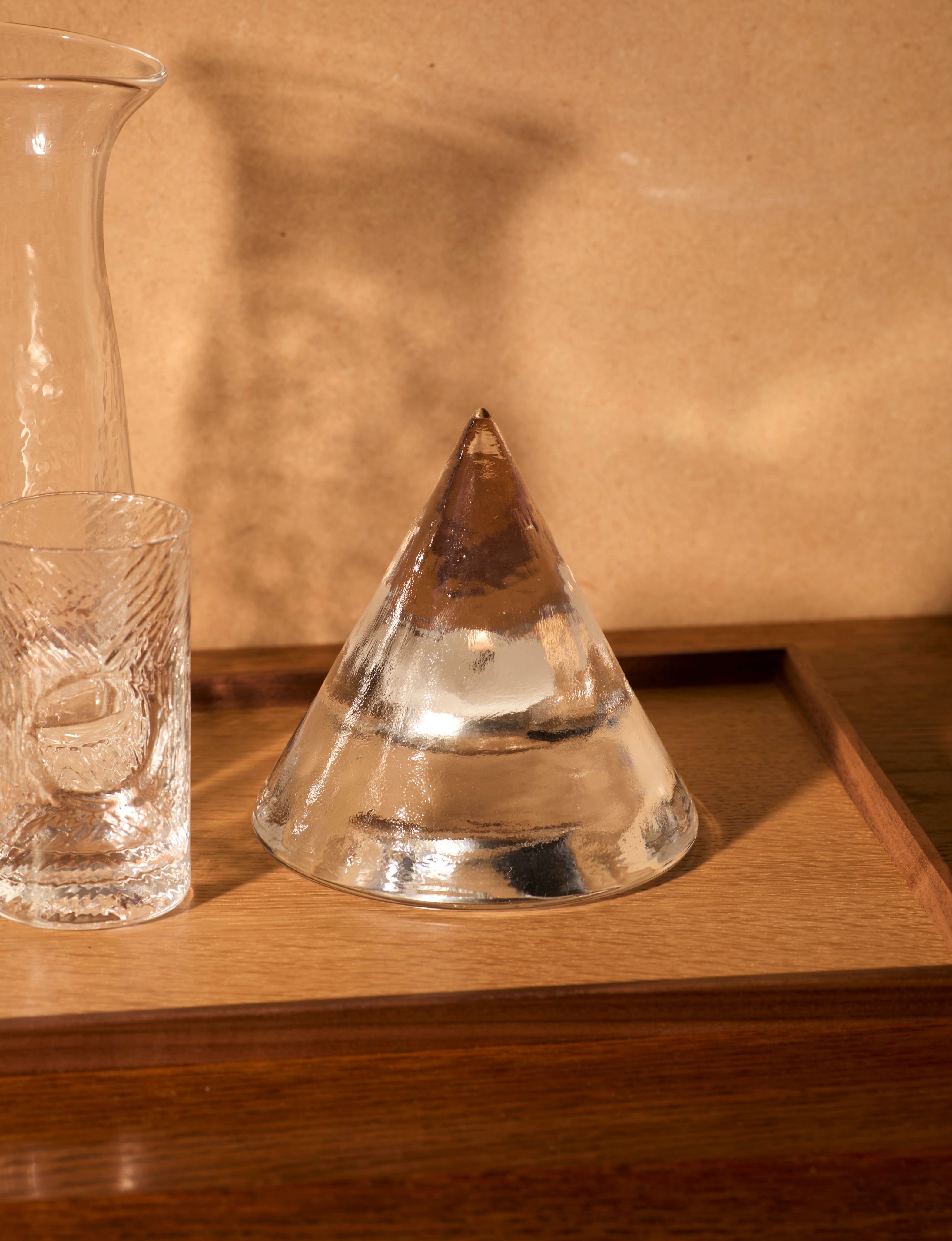 Clear glass pyramid candle holder in European glass  — lifestyle setting