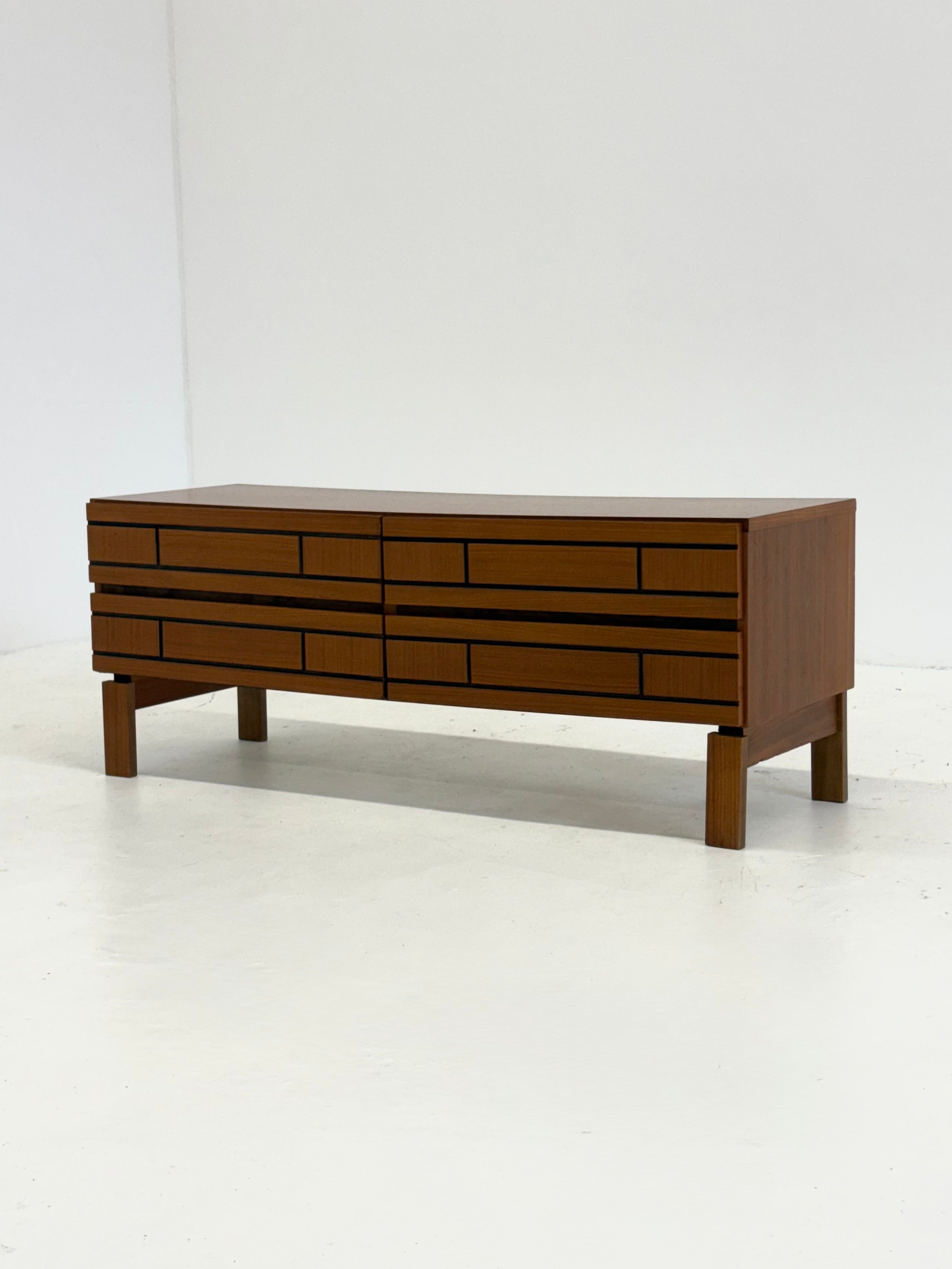 Low Italian wooden sideboard with graphic black lines — detail view