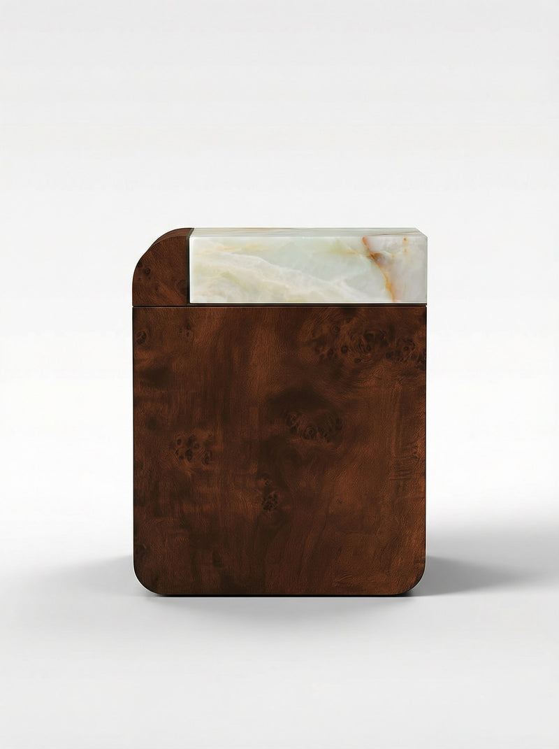 Amo Burl Wood and Green Onyx Storage Table by Marbera | The Oblist — handcrafted wood and onyx design