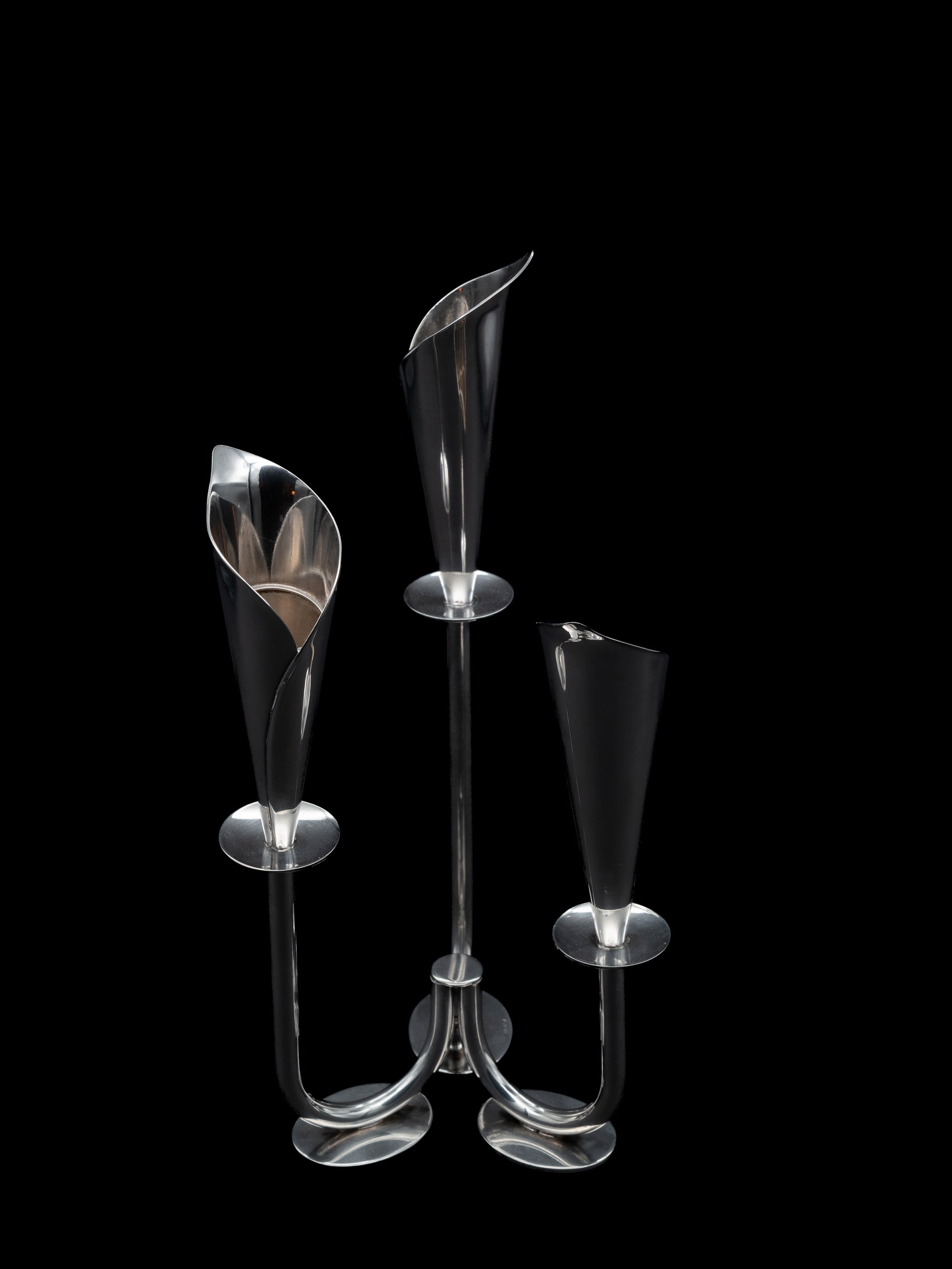 Calla Lily Candle Holder, Denmark, c. 1960s — side angle showing polished metal finish