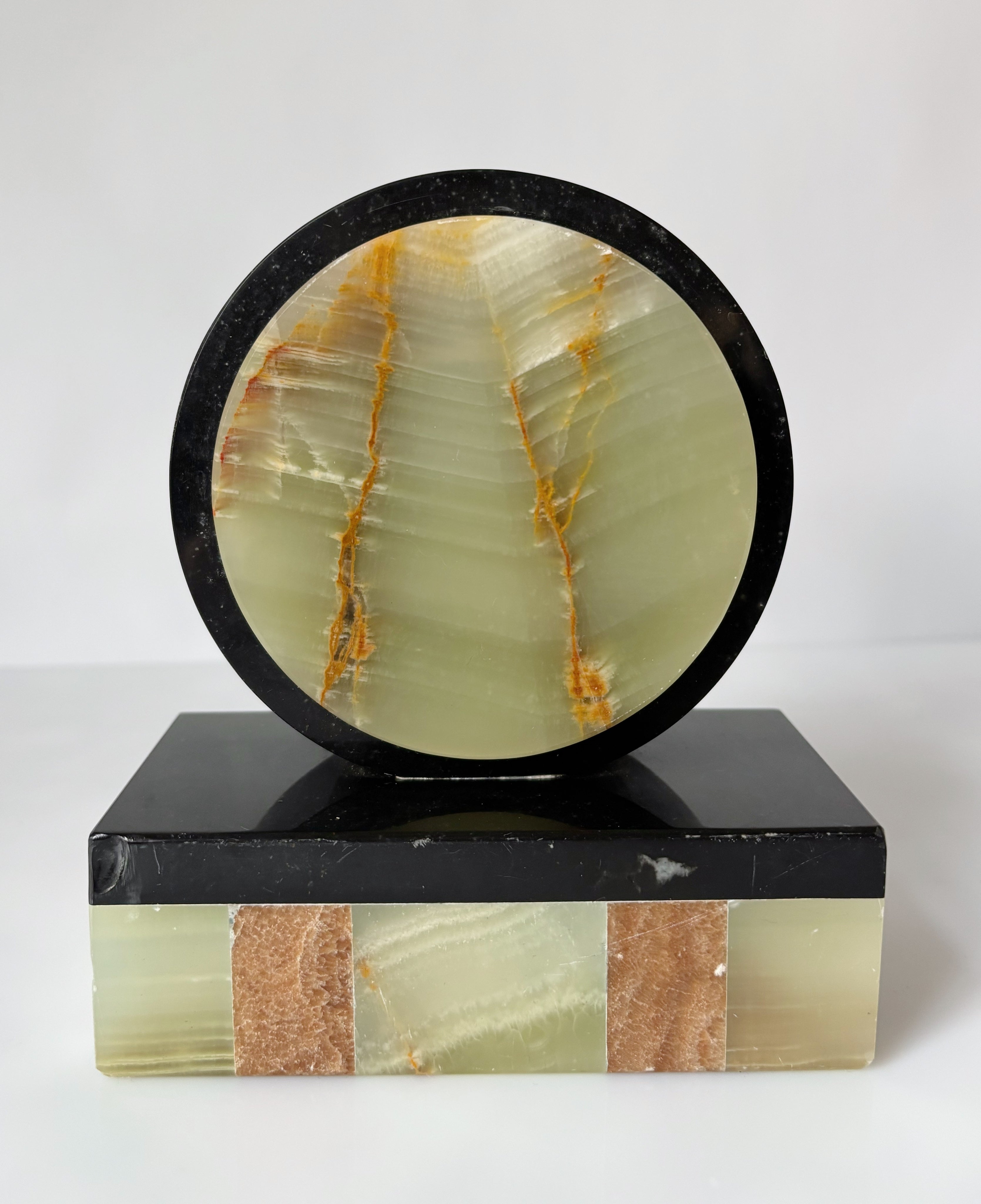 Art Deco Marble & Onyx Bookends, Germany — front view with green onyx detail