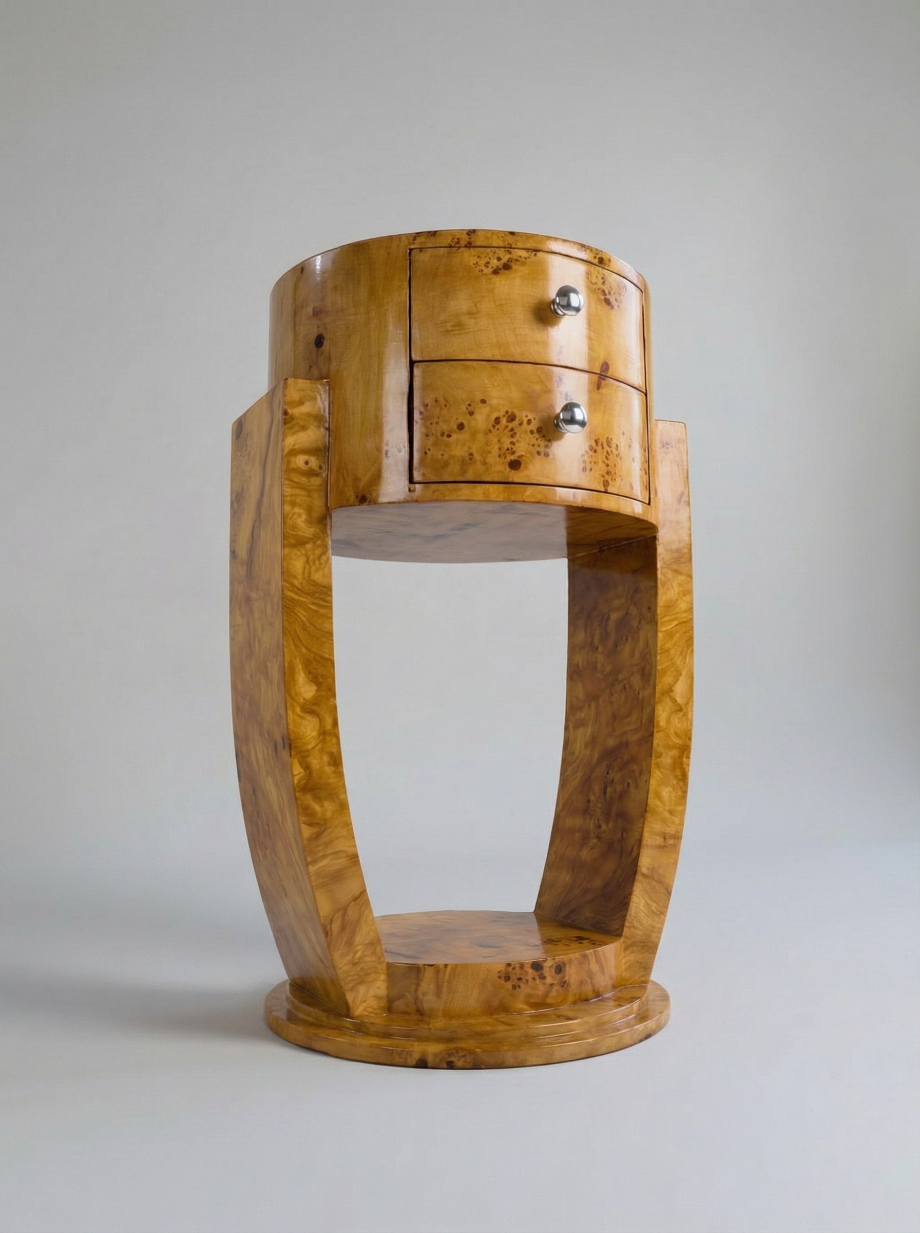 Guillemets' Olive Burl Wood Bedside Table — side angle highlighting curved wooden legs