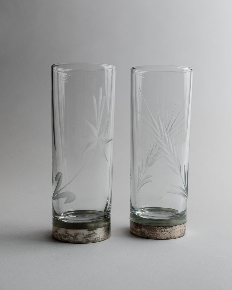 Etched floral detail of vintage Italian drinking glasses from 1960s