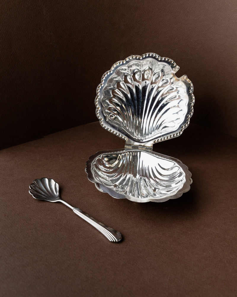 Shell-Shaped Sugar Bowl, Italy 1960s — close-up of polished silver interior