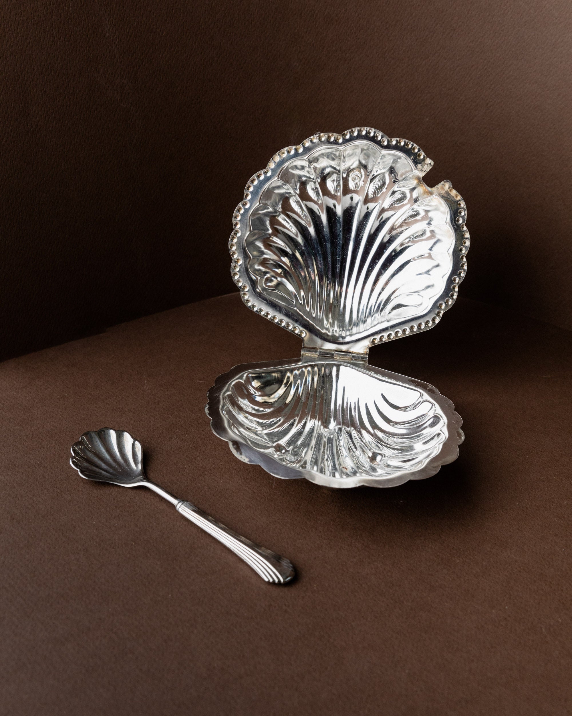 Shell-Shaped Sugar Bowl, Italy 1960s — close-up of polished silver interior