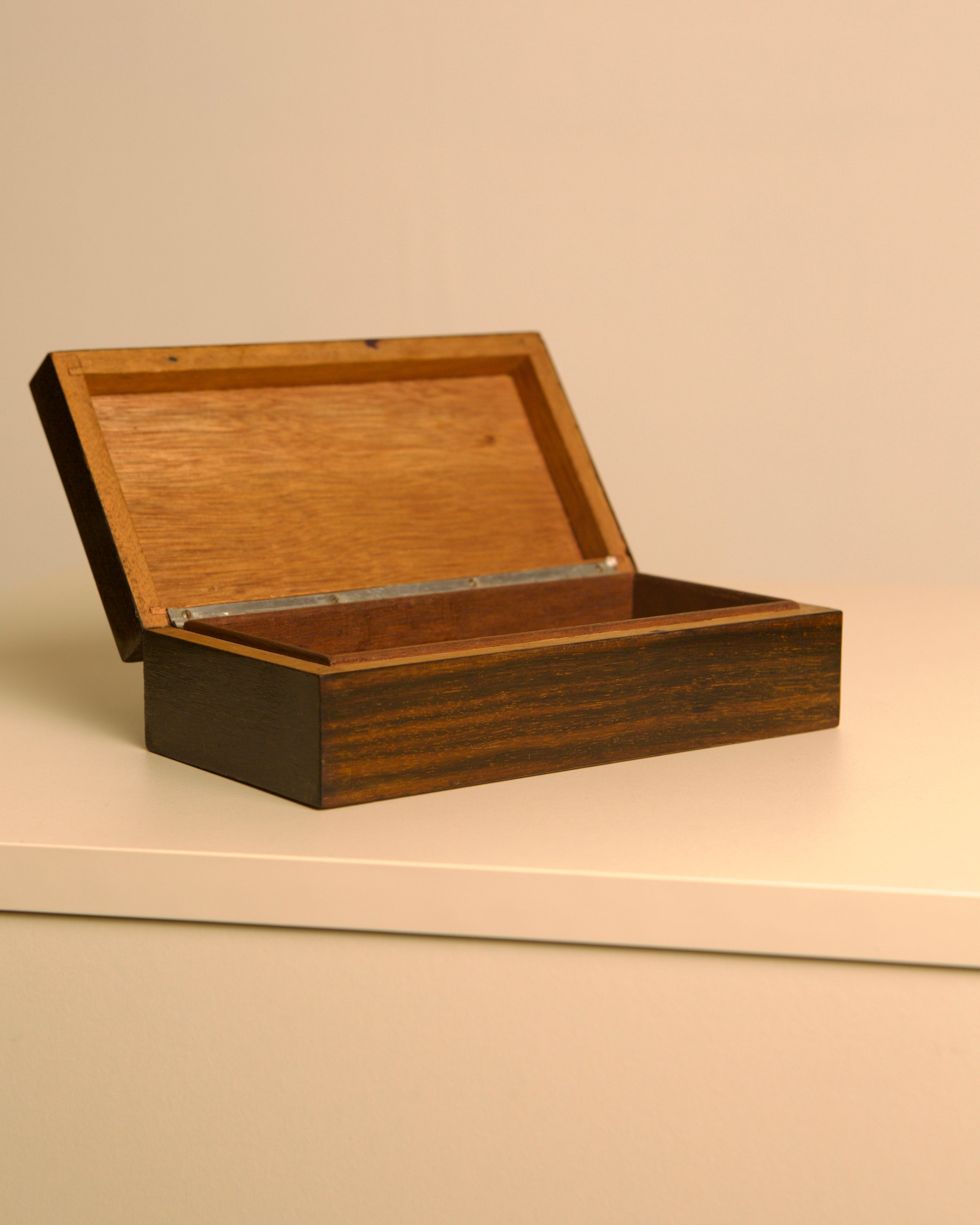 Rectangular Box Made of Solid Wood, 1960s — side view with open lid on white surface