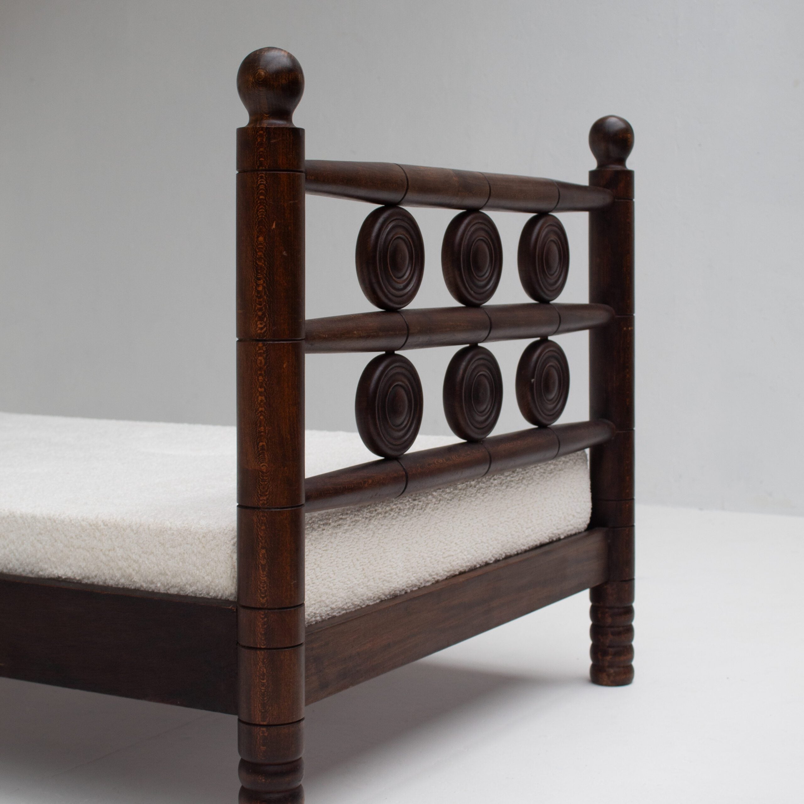 Mid-Century Wooden Bed with Sculptural Headboard — side angle
