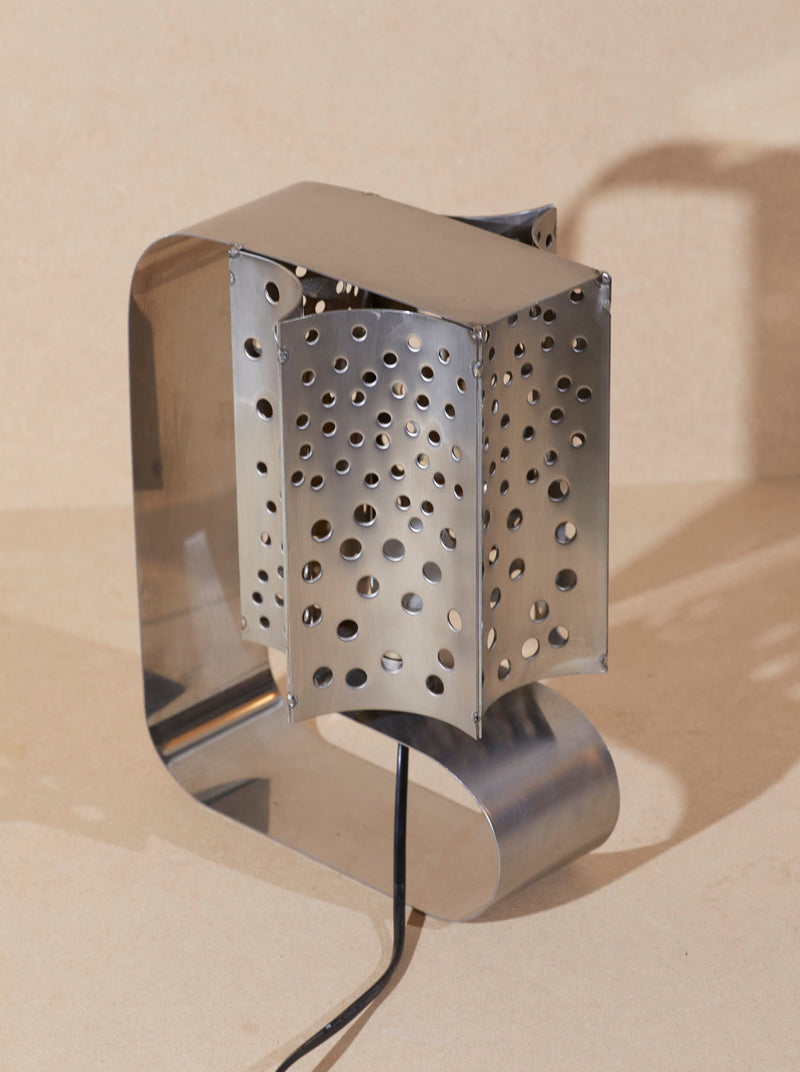 One of a Kind French Artisanal Stainless Steel Table Lamp Vintage Circa 1970 — close-up of perforated metal shade