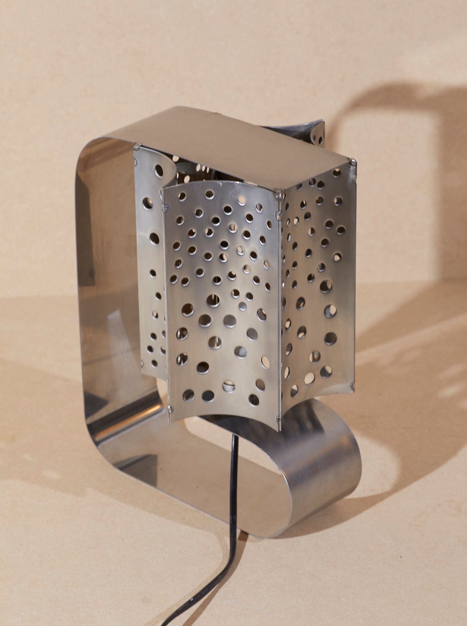 One of a Kind French Artisanal Stainless Steel Table Lamp Vintage Circa 1970 — close-up of perforated metal shade