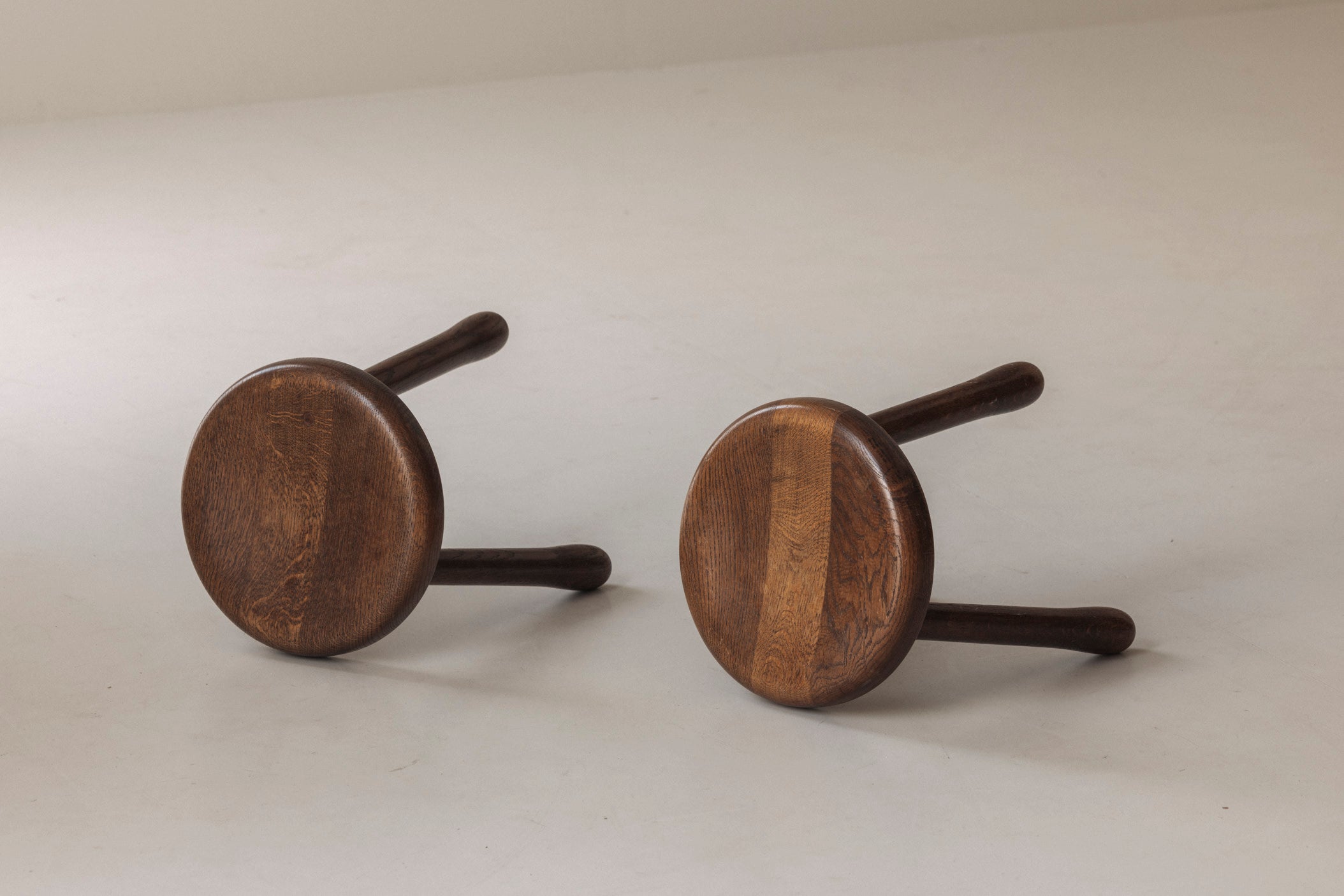 Set of Two Tripod Solid Elm Stools, France 1960s — close-up