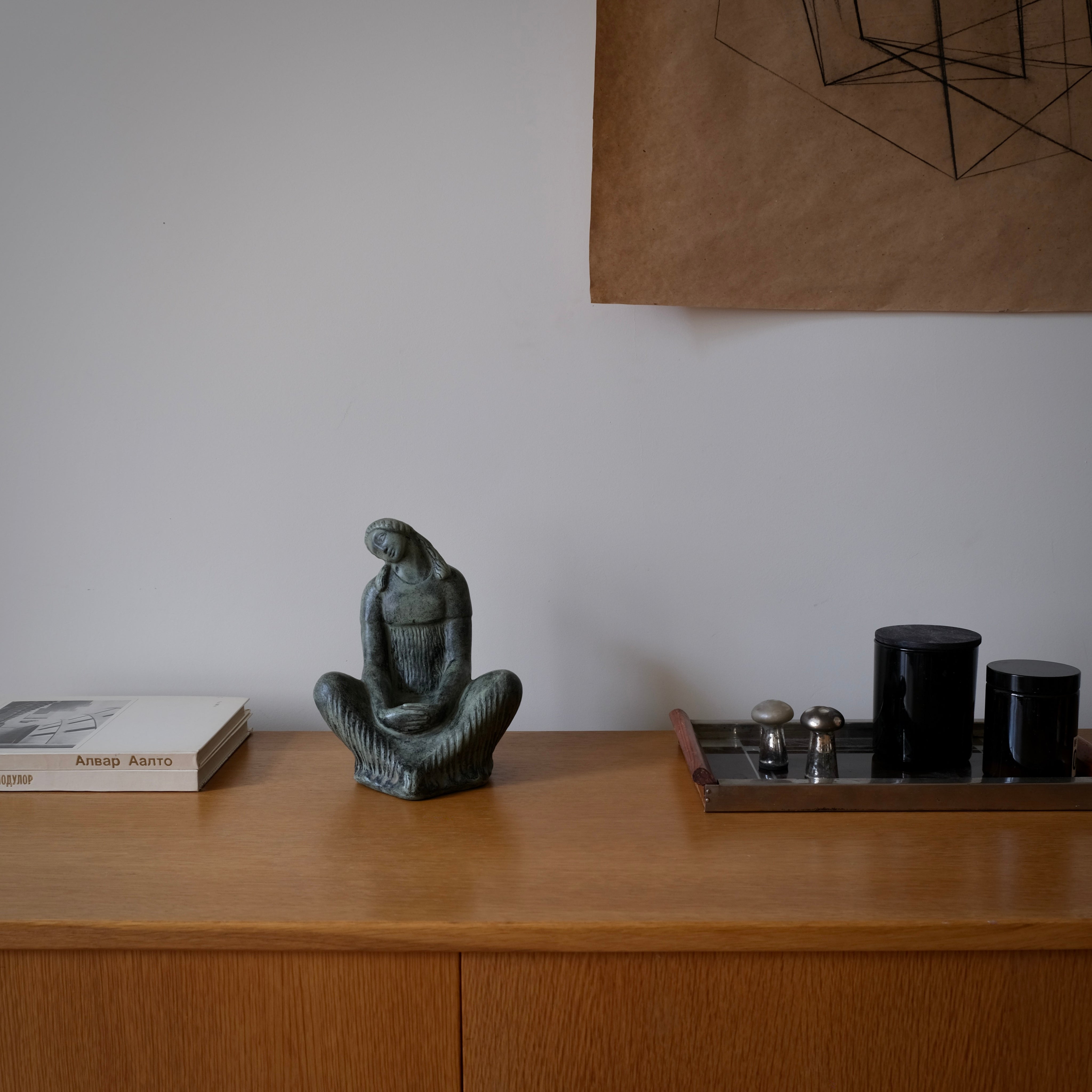 Fidel Aguilar Marco Ceramic Sculpture | Spain | 1930s — positioned on wooden sideboard with books and decor