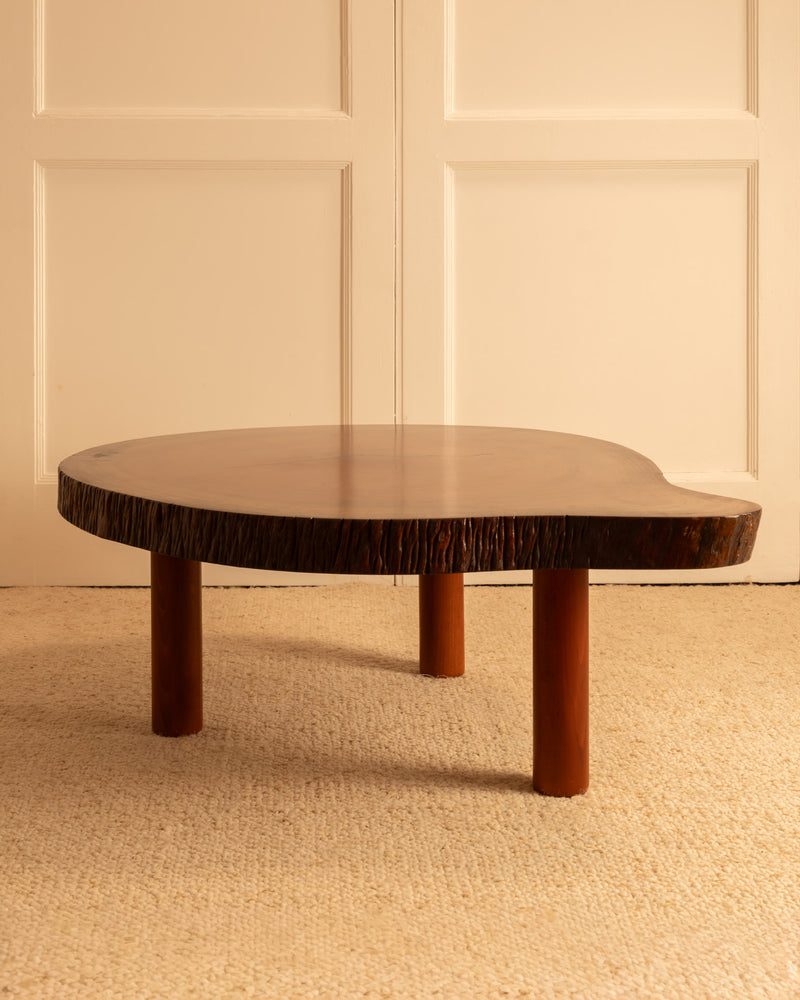 Round live-edge wood coffee table with cylindrical legs, Spain 1970s