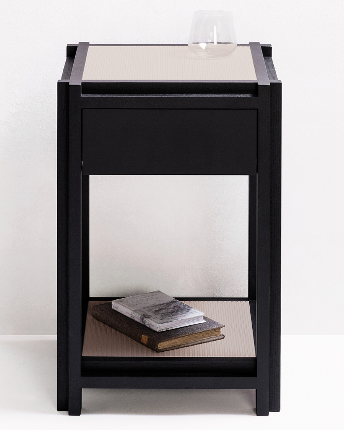 Black lacquer square bedside table with drawer and open shelf
