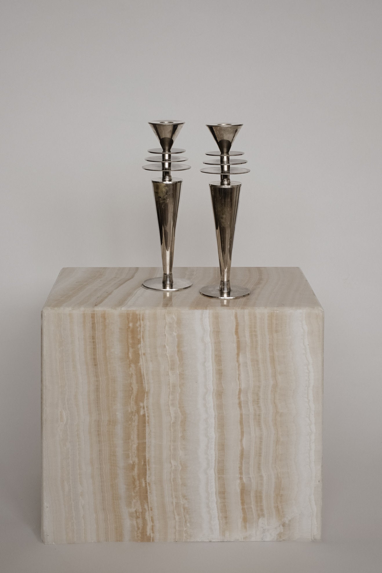 Vintage Art Deco Style Chrome Candlesticks — side angle