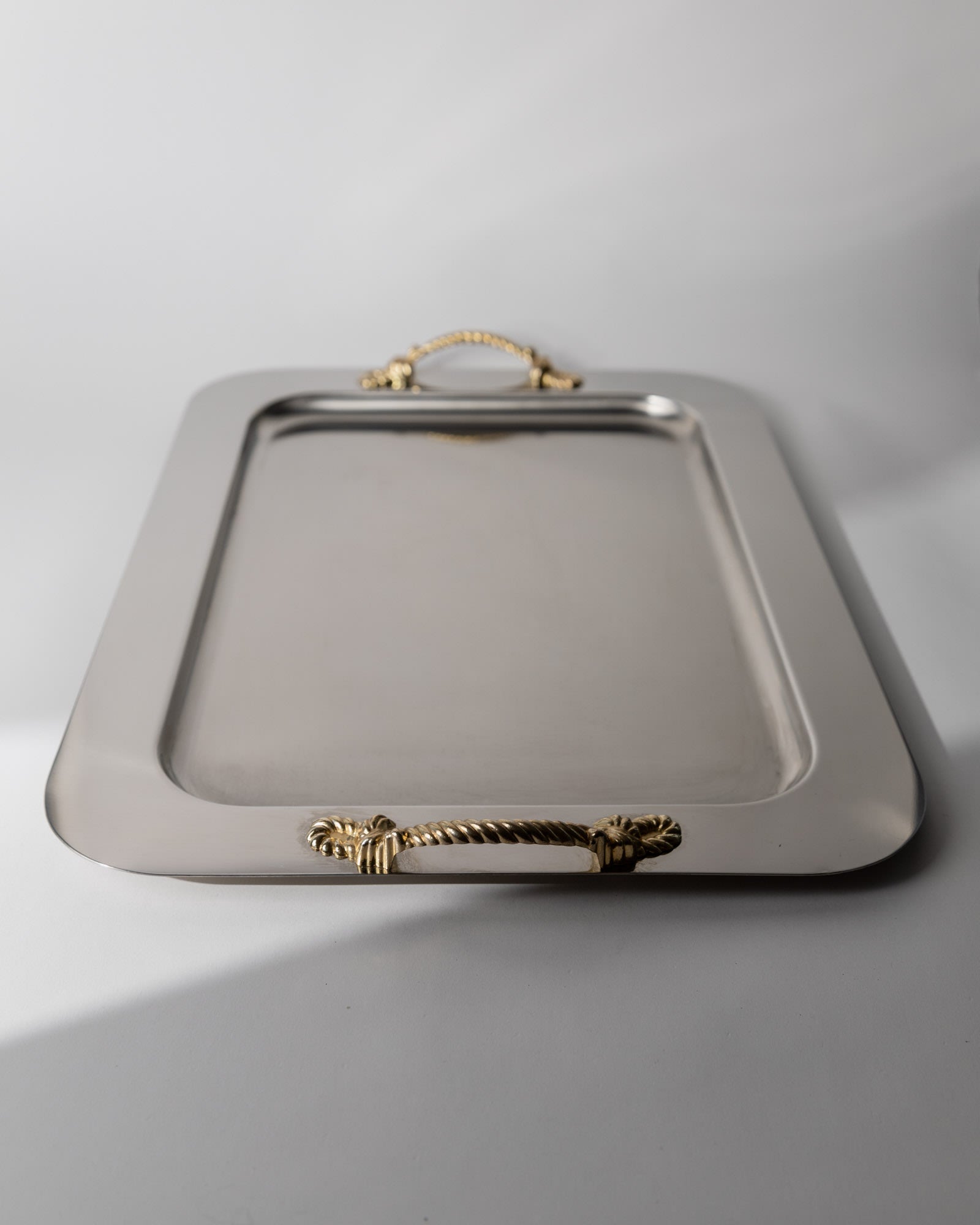1980s Stainless Steel Tray, Gold Rope Handles by Inoxpran, Italy