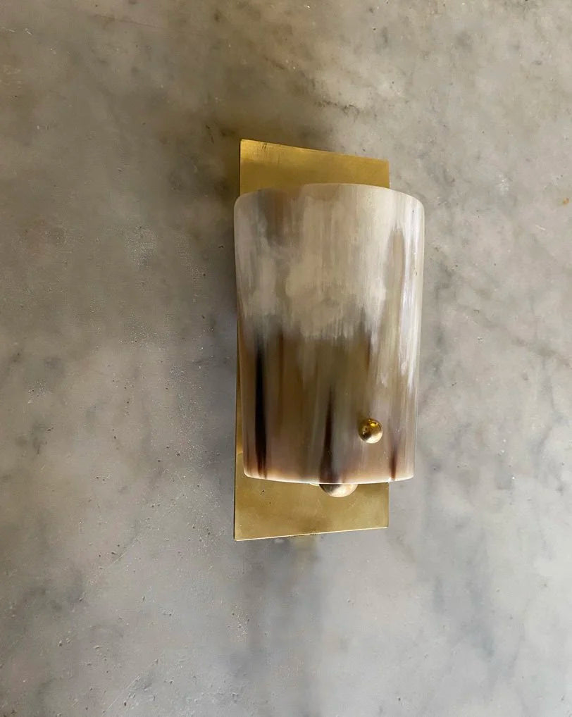 Arts and Crafts Wall Light in Oak and Horn - Horn Stud Collection — back view showing horn shade and brass mount