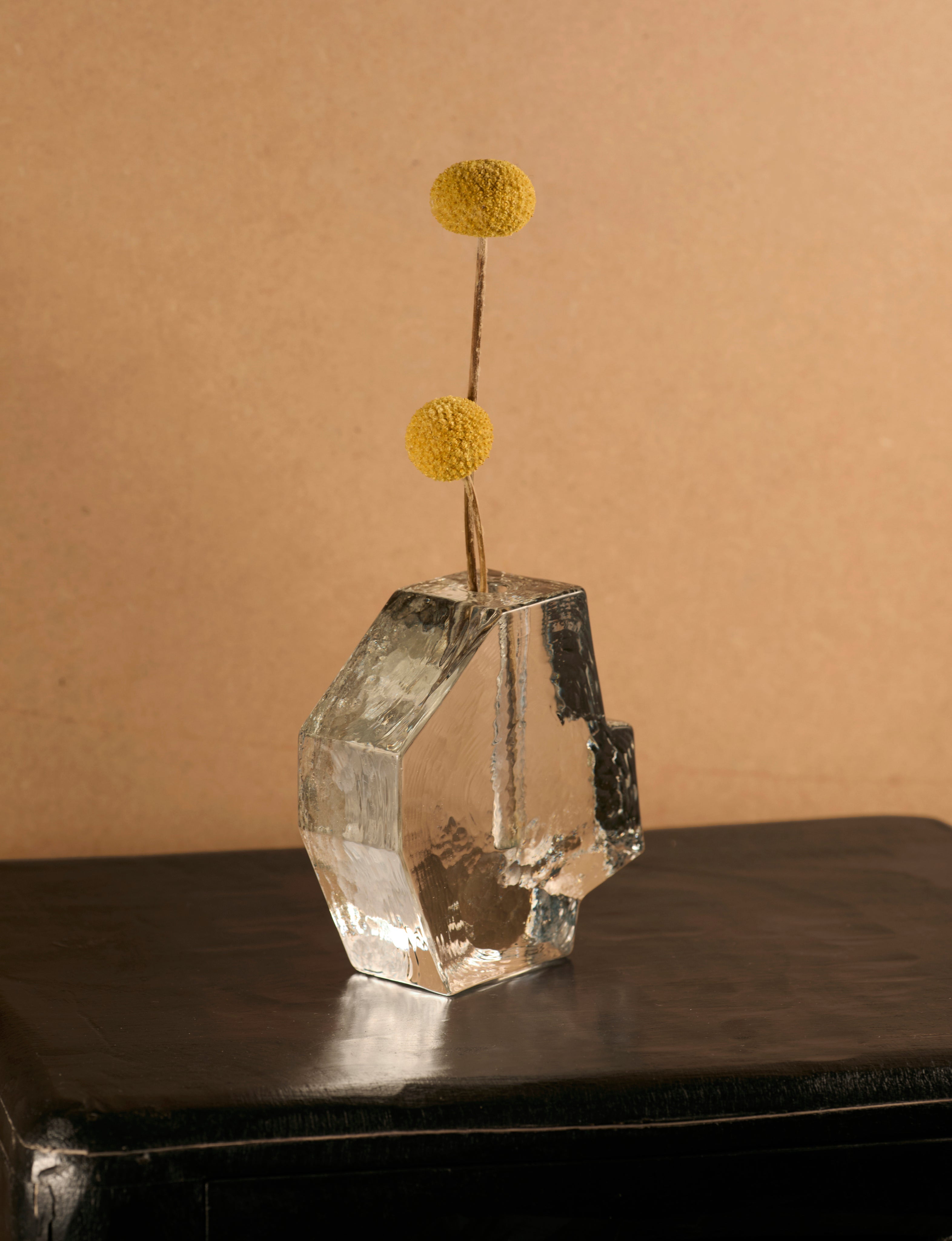 Vintage Scandinavian Clear Vase in Glass — angled view with yellow floral accents