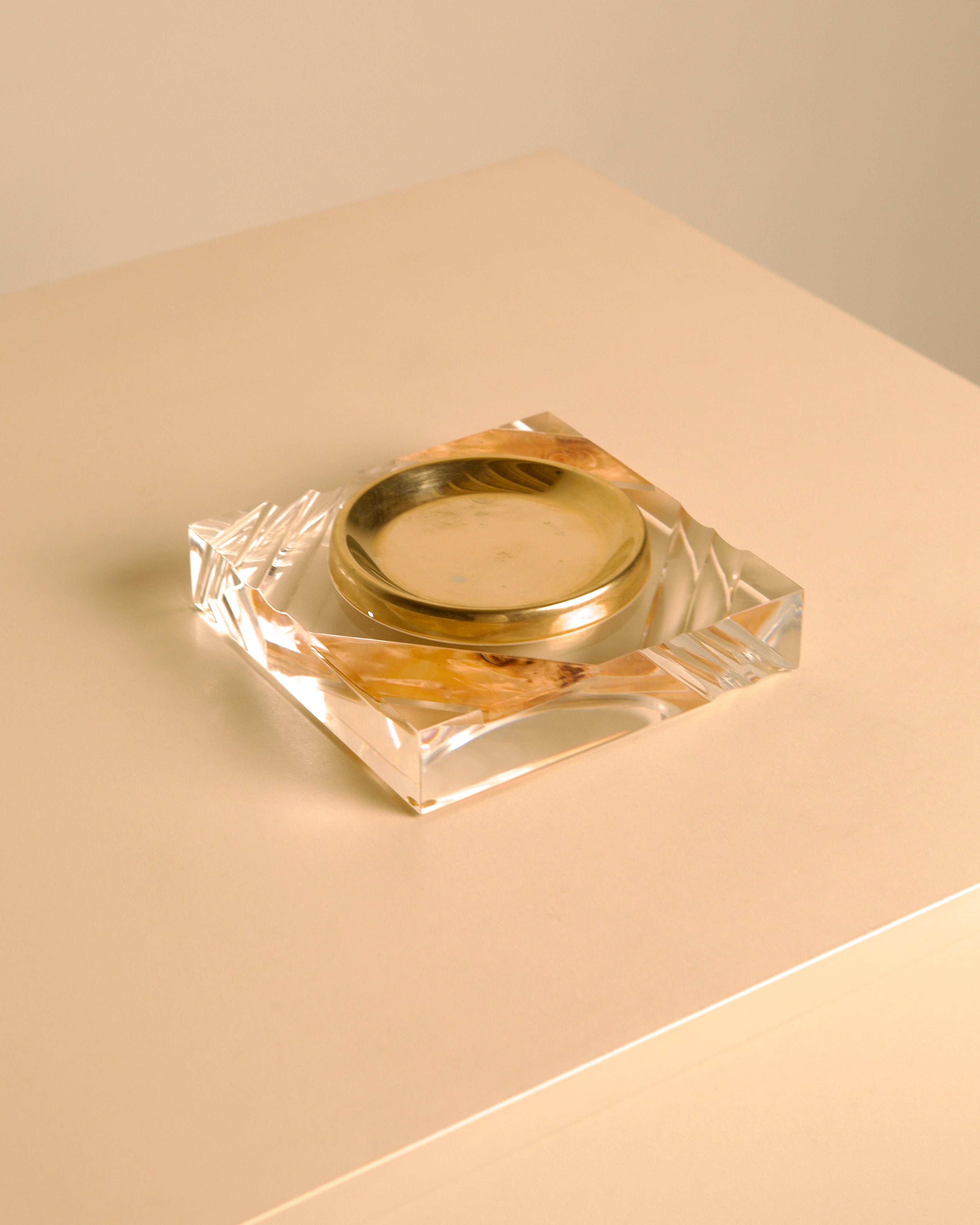 Italian Square Lucite and Brass Vide-Poche / Ashtray, 1970s — side angle