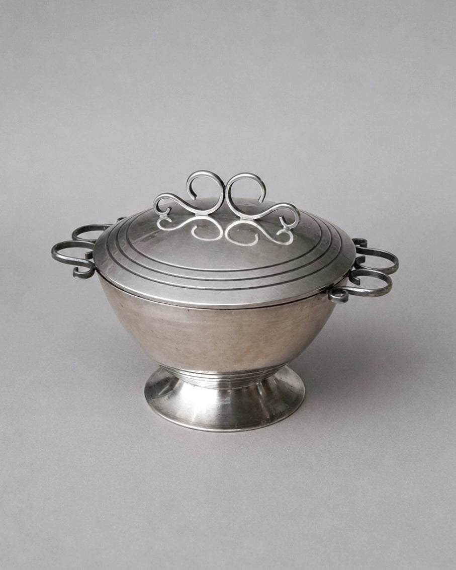 1970s French Vintage Silver-Plated Scroll Sugar Bowl — detail view