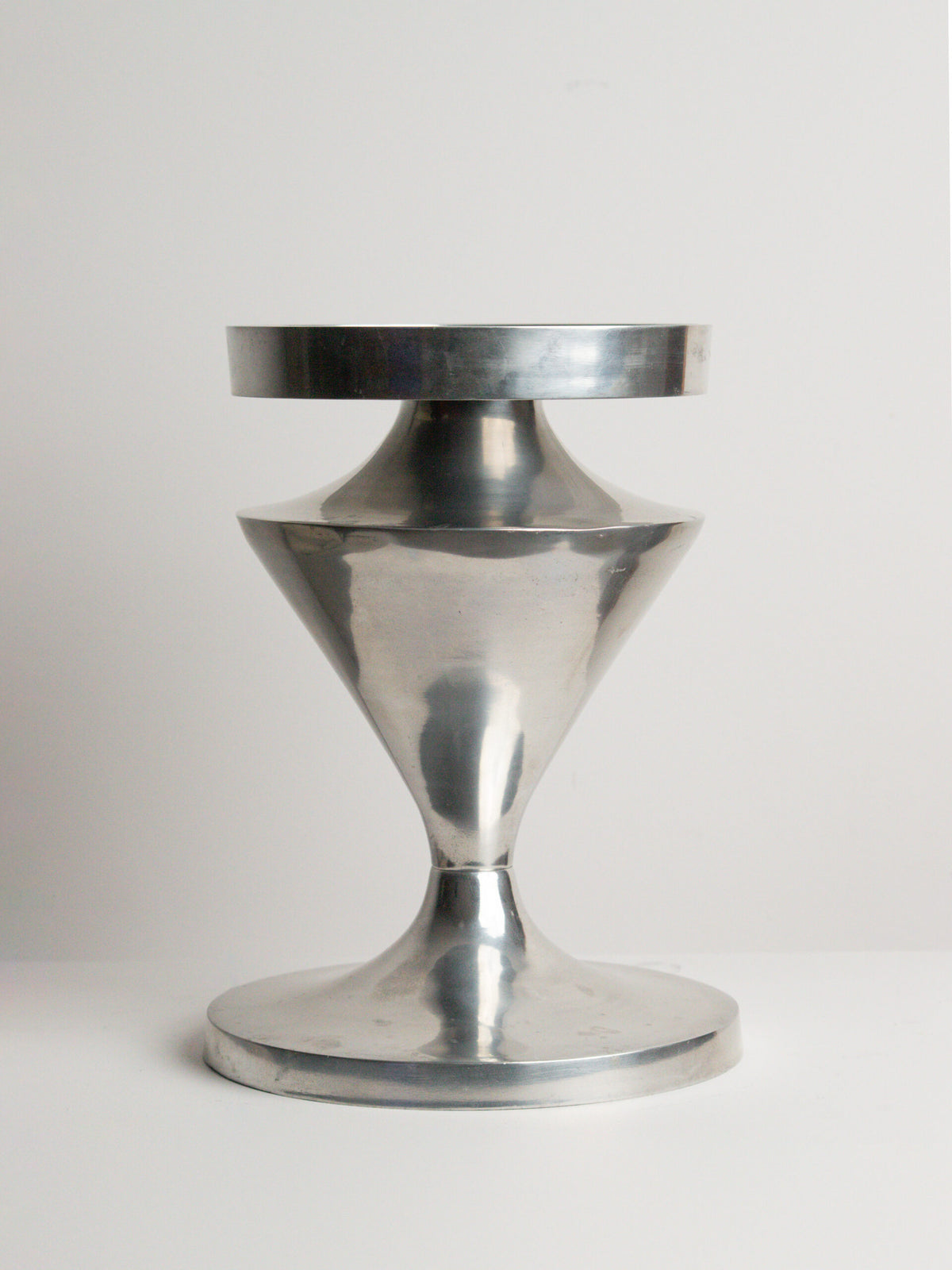 Hourglass Pedestal Stand with Lift-Off Tray, Polished Aluminium, Space Age 1970s — side angle
