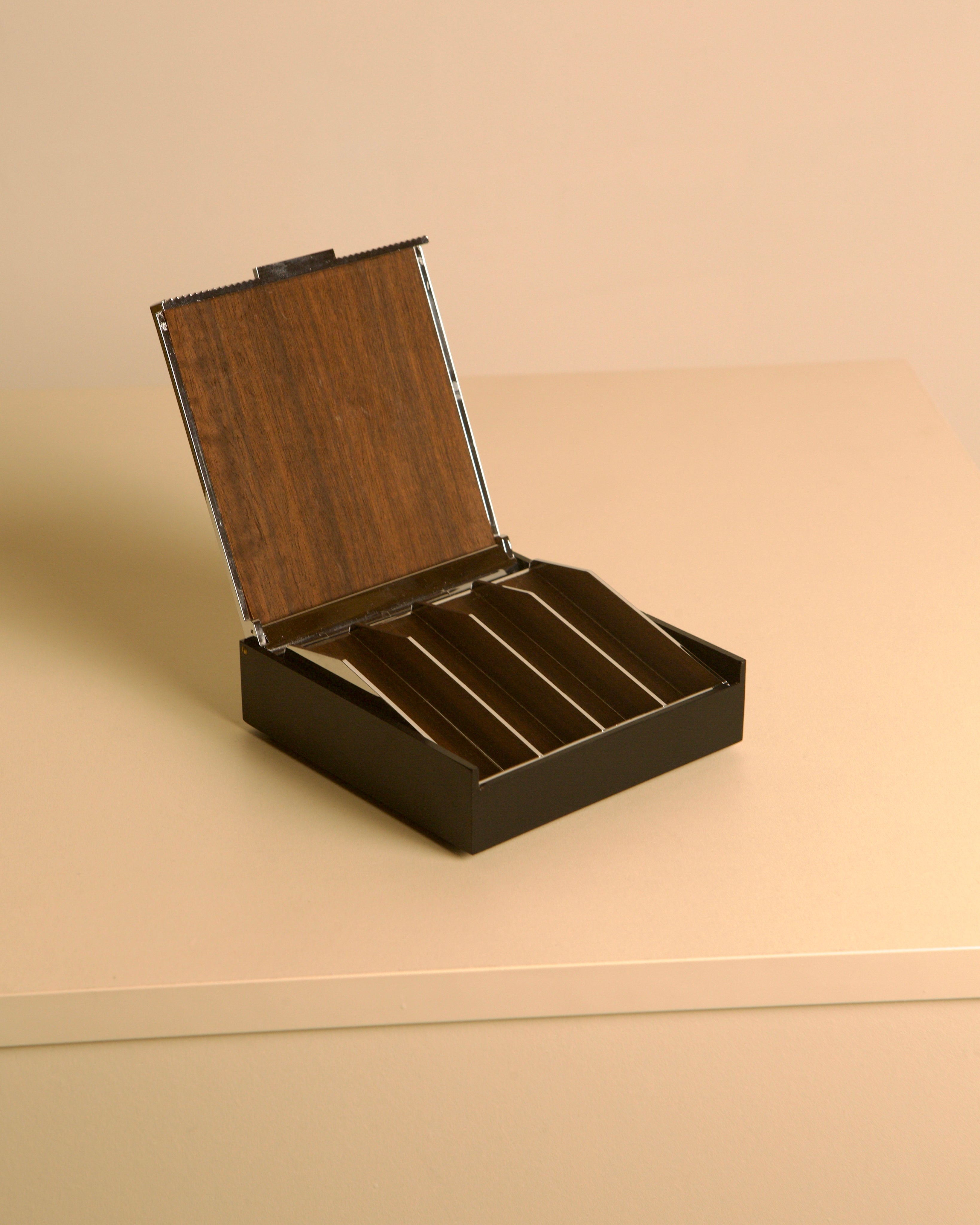 Italian box made of metal, plastic and wooden interior, 80s — side angle showing open lid and wooden compartments